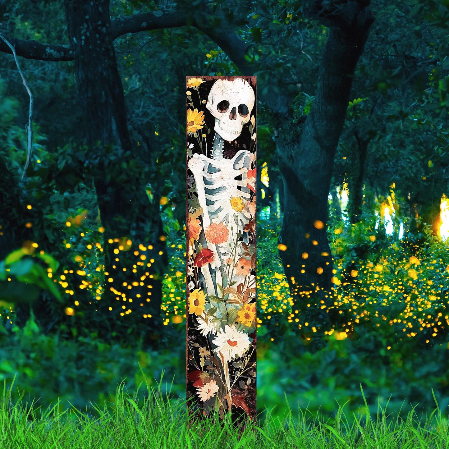 42in Halloween Garden Stake, Watercolor Skeleton, Wooden Outdoor Patio and Lawn Decoration, Wildflower Halloween Decor