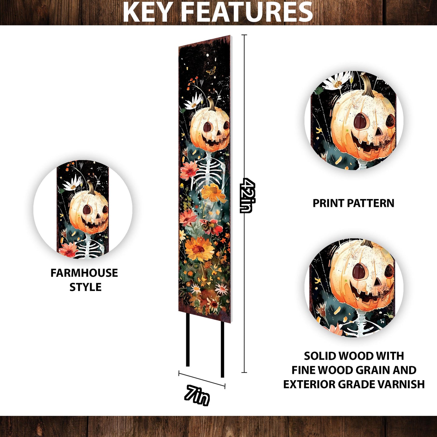 42in Halloween Wooden Garden Stake, Watercolor Jack O Lantern | Outdoor Patio and Lawn Decoration | Halloween Wildflower Decor
