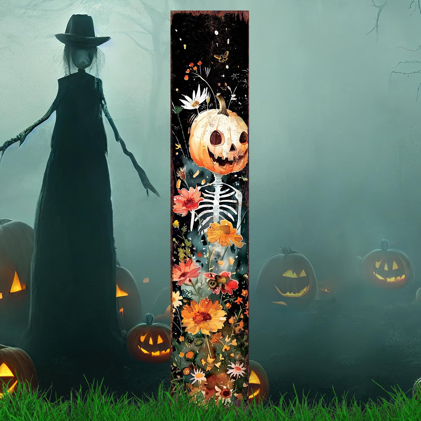 42in Halloween Wooden Garden Stake, Watercolor Jack O Lantern | Outdoor Patio and Lawn Decoration | Halloween Wildflower Decor