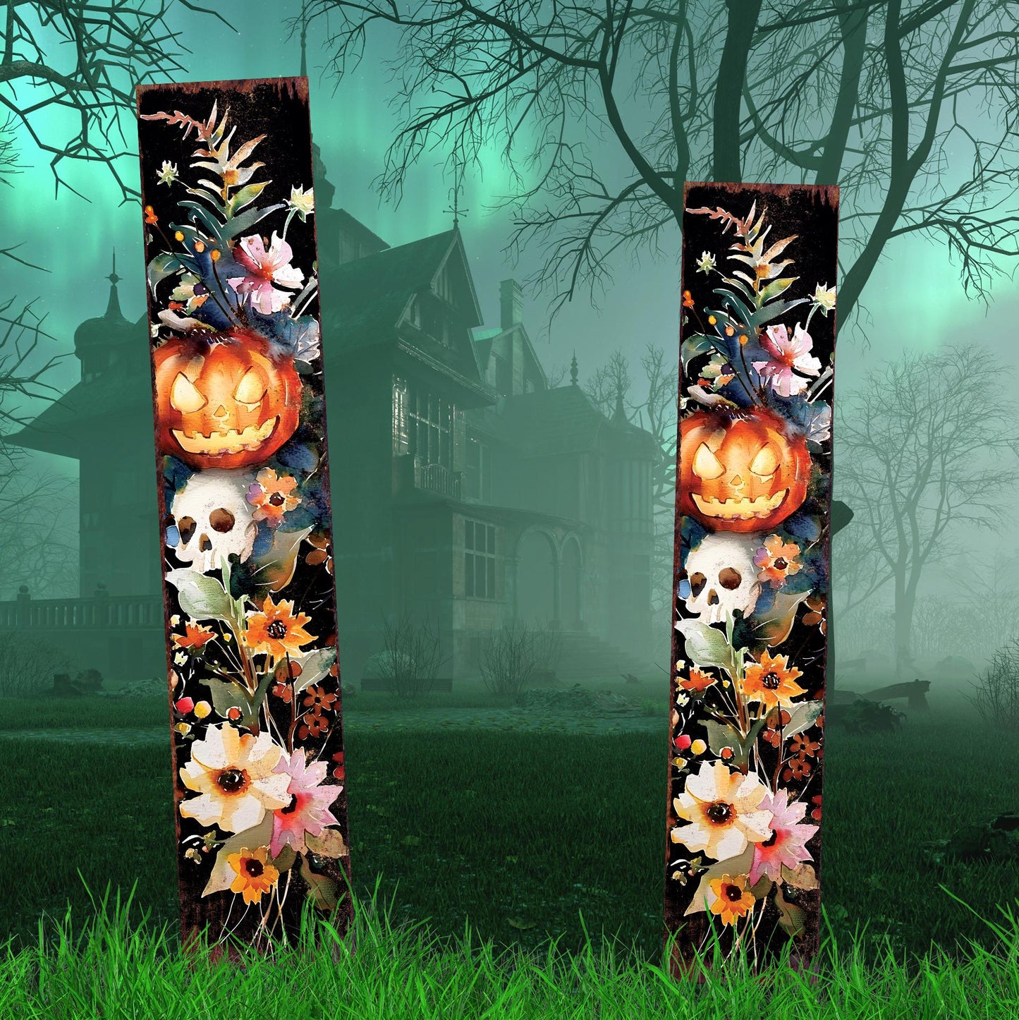 42in Halloween Garden Stake | Wooden Watercolor Jack O Lantern | Outdoor Patio and Lawn Decoration | Halloween Wildflower Decor