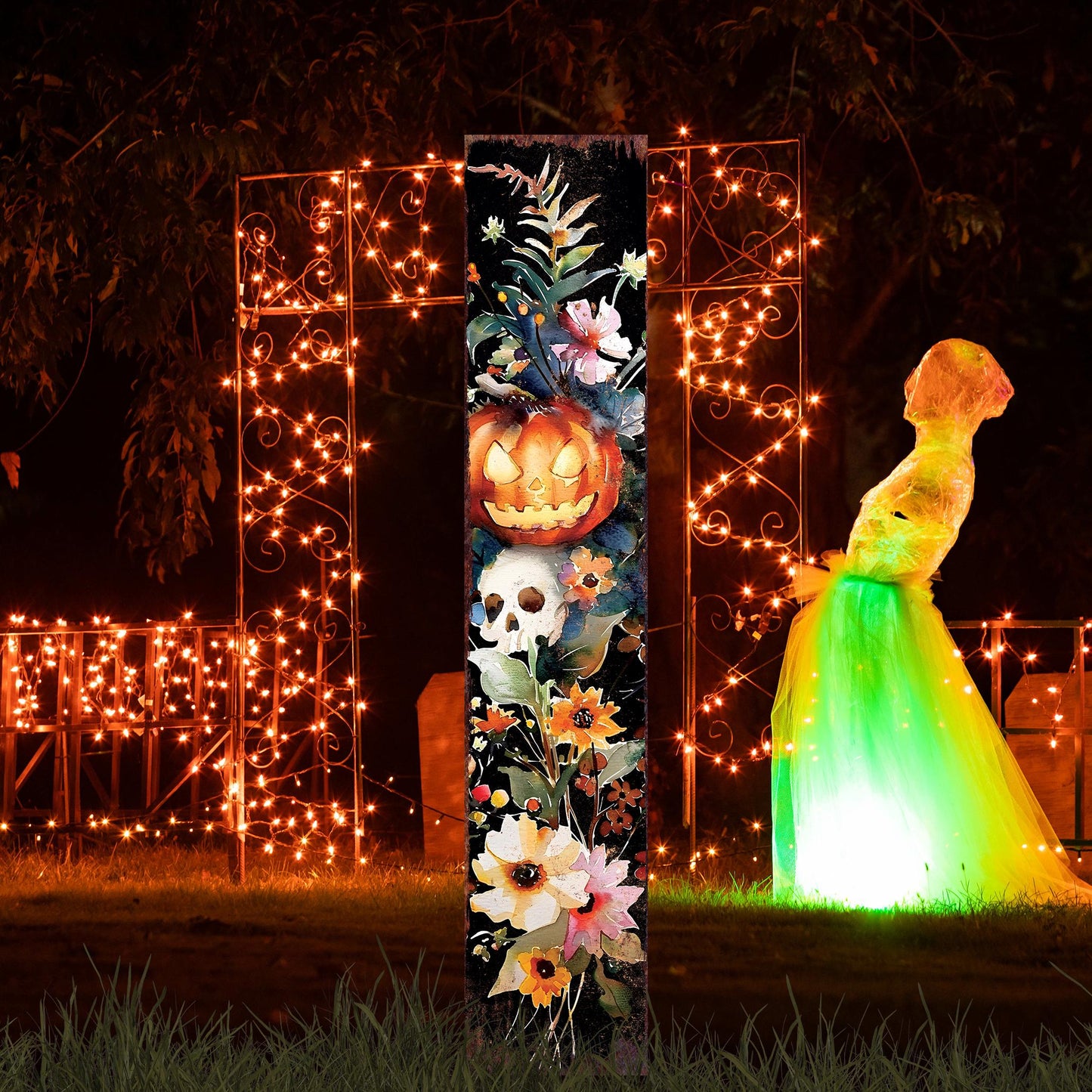42in Halloween Garden Stake | Wooden Watercolor Jack O Lantern | Outdoor Patio and Lawn Decoration | Halloween Wildflower Decor