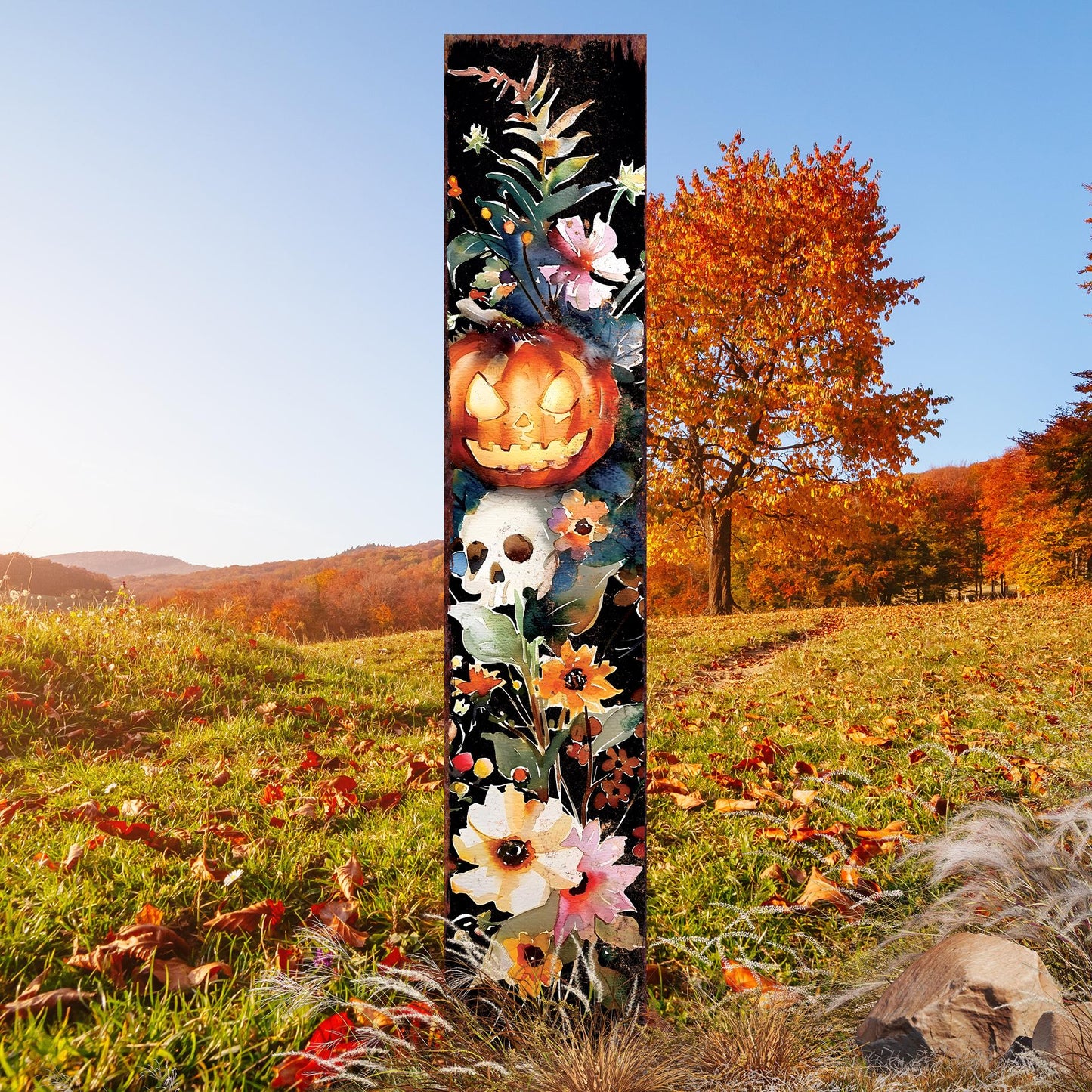 42in Halloween Garden Stake | Wooden Watercolor Jack O Lantern | Outdoor Patio and Lawn Decoration | Halloween Wildflower Decor