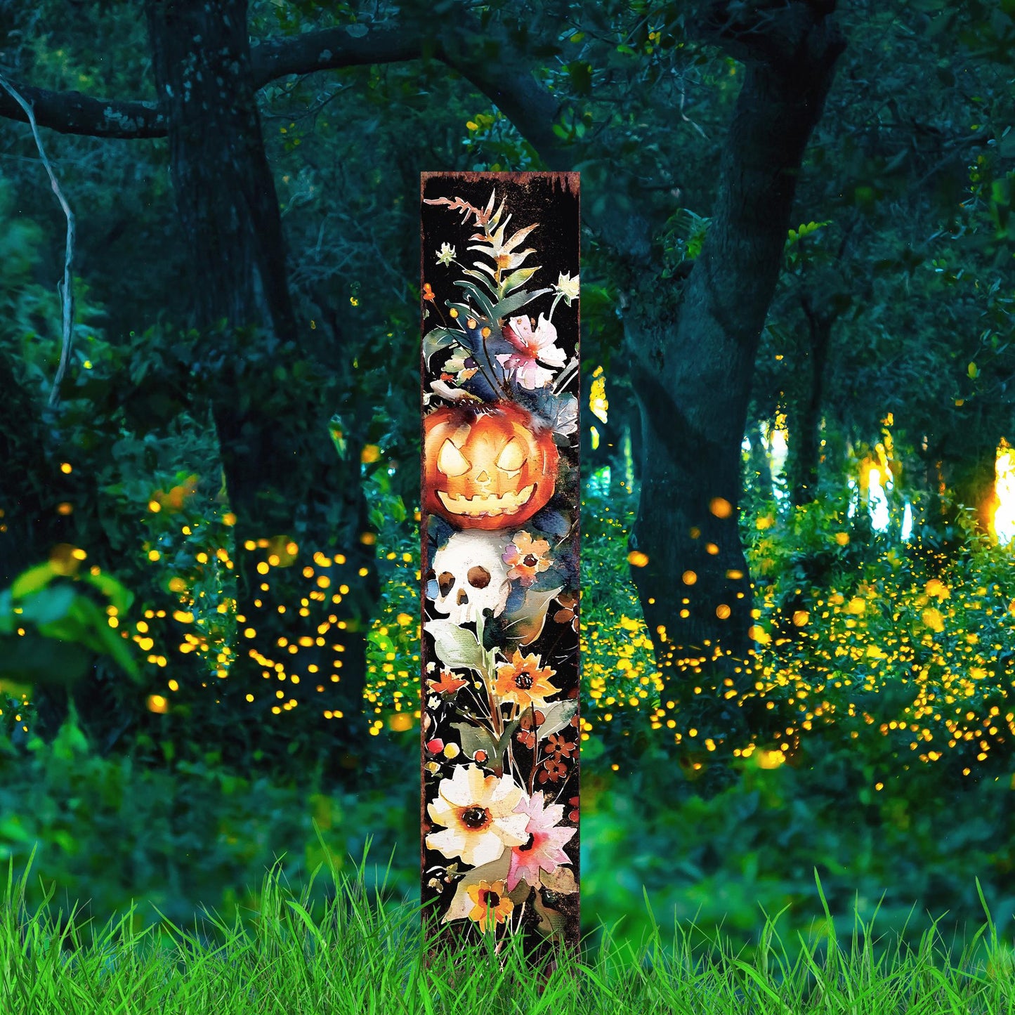 42in Halloween Garden Stake | Wooden Watercolor Jack O Lantern | Outdoor Patio and Lawn Decoration | Halloween Wildflower Decor