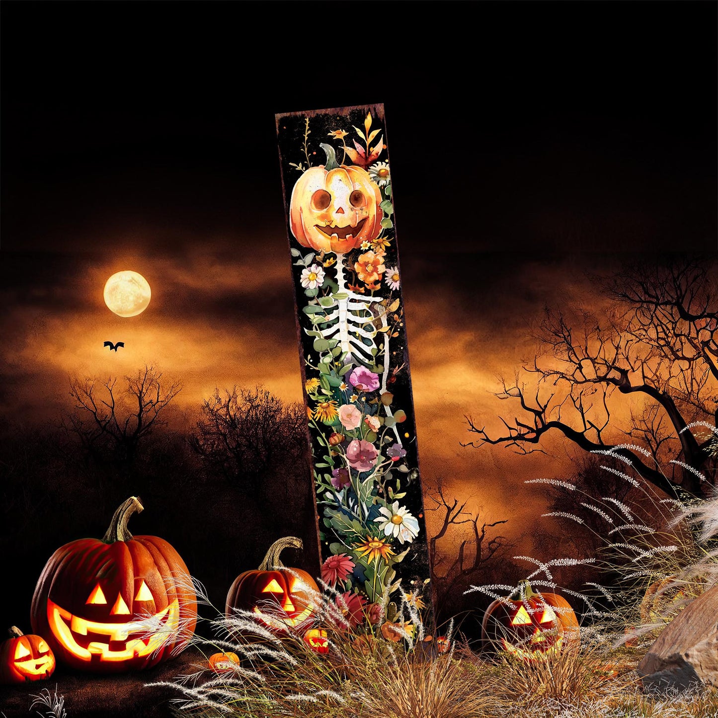 42in Halloween Garden Stake | Watercolor Jack O Lantern | Outdoor Patio and Lawn Decoration | Halloween Wildflower Wooden Decor