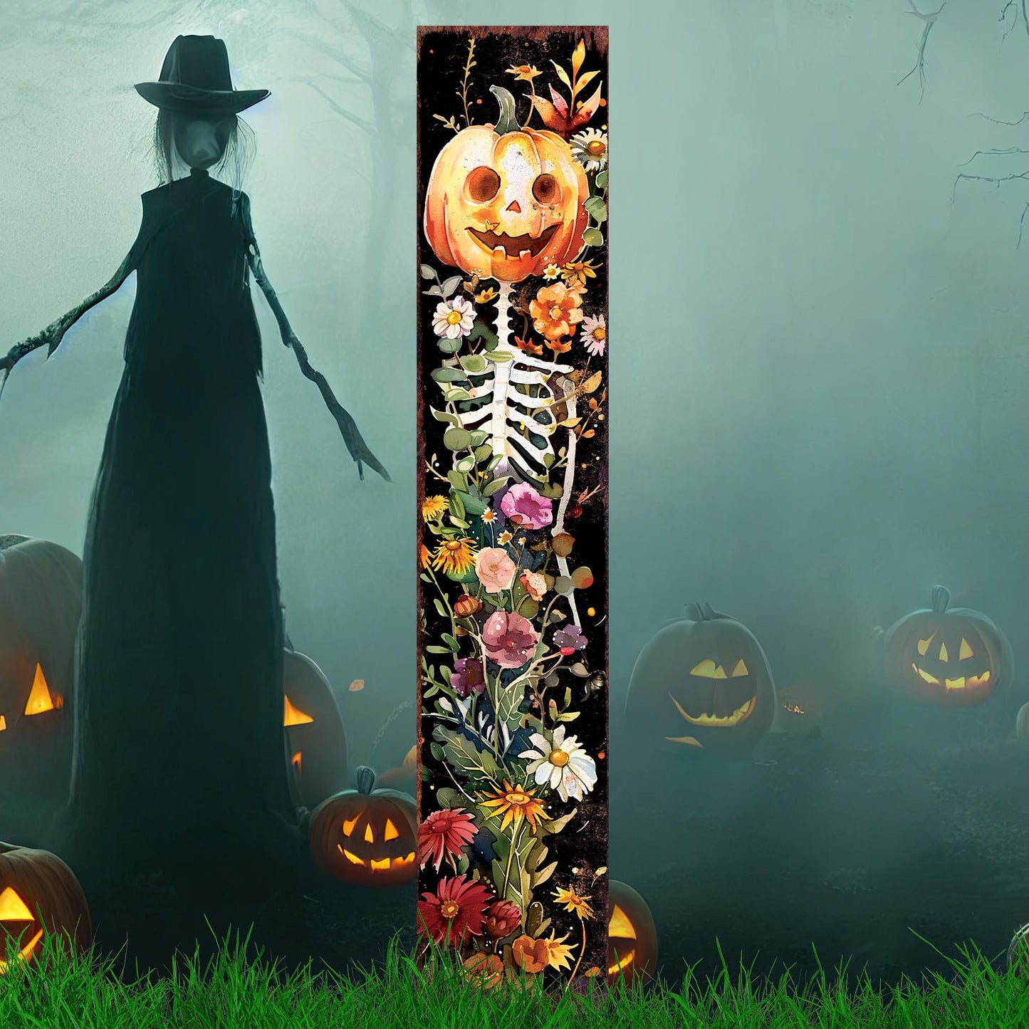 42in Halloween Garden Stake | Watercolor Jack O Lantern | Outdoor Patio and Lawn Decoration | Halloween Wildflower Wooden Decor