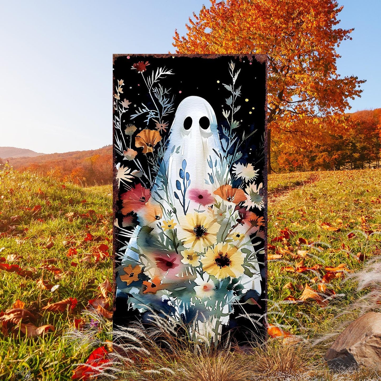 30in Halloween Ghost Garden Stake | Halloween Decor | Wooden Halloween Sign | Halloween Yard Decor | Halloween Watercolor Style Decor