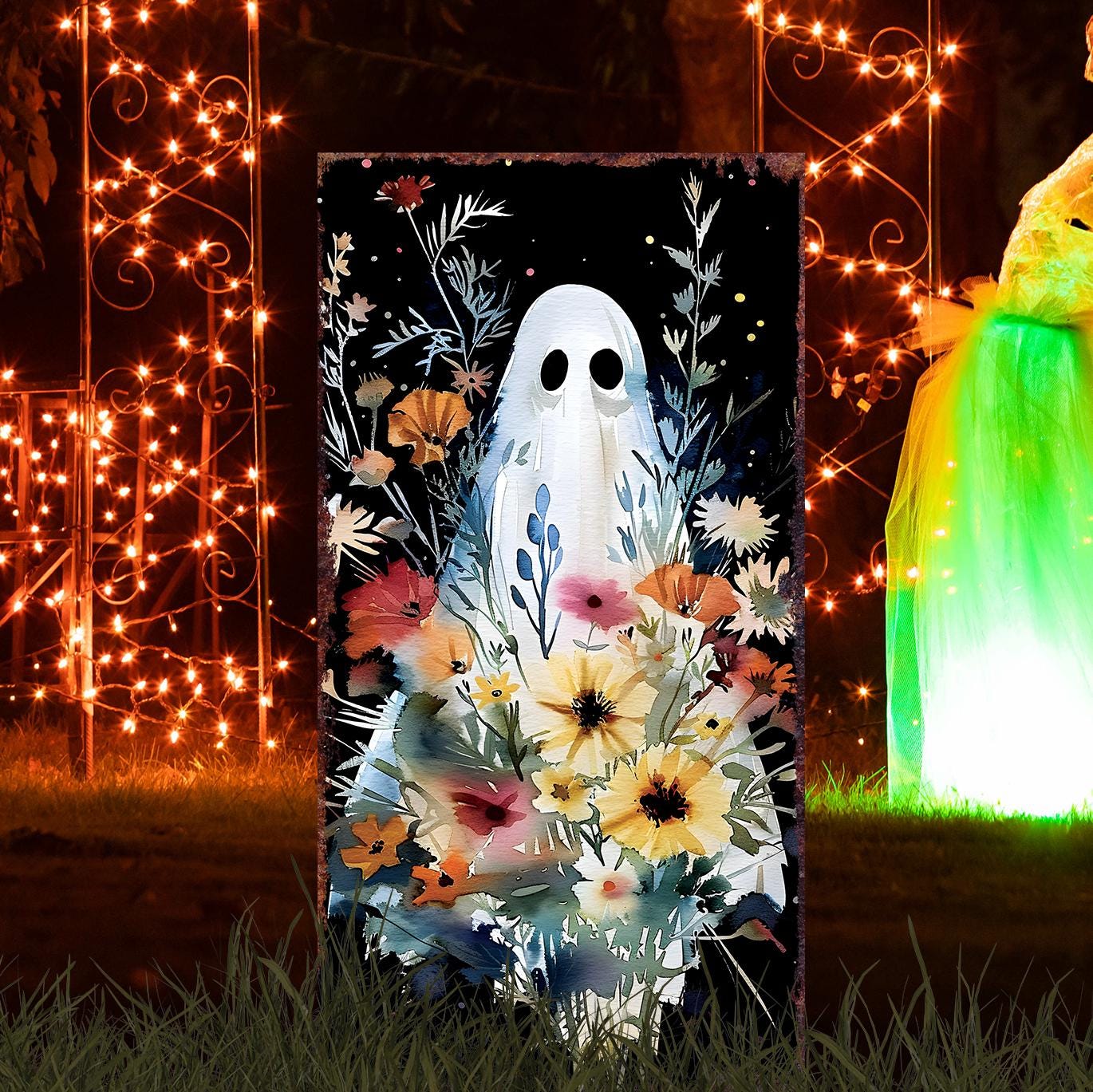 30in Halloween Ghost Garden Stake | Halloween Decor | Wooden Halloween Sign | Halloween Yard Decor | Halloween Watercolor Style Decor