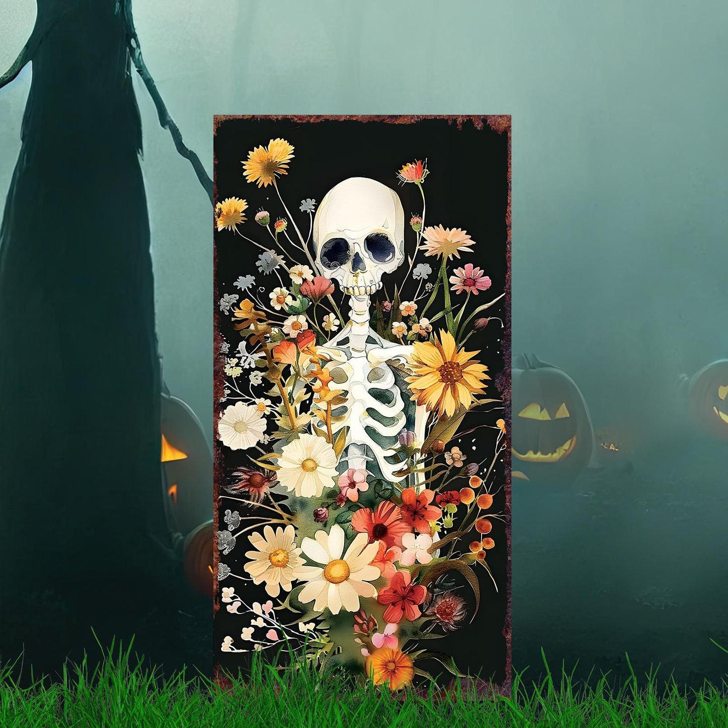 30inch Halloween Skeleton Garden Stake | Halloween Decor | Wooden Halloween Sign | Halloween Yard Decor | Halloween Watercolor Style Decor