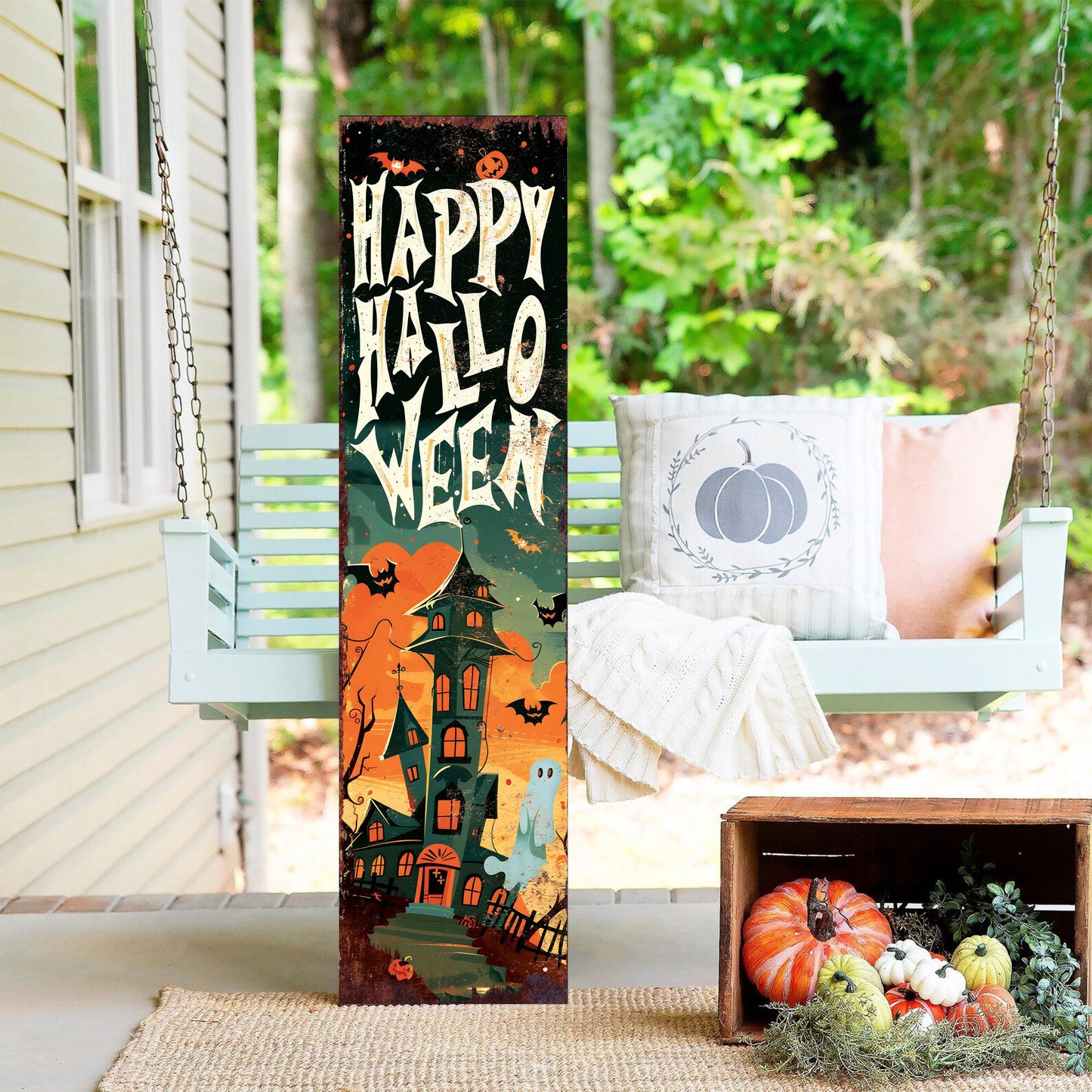 36in Wooden Happy Halloween Porch Sign - Front Porch Halloween Welcome Sign, Vintage Halloween Decoration, Halloween Decoration