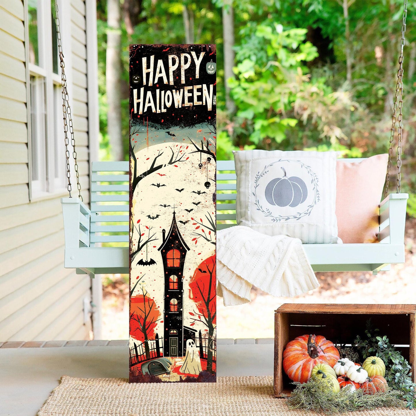36in Happy Halloween Wooden Porch Sign - Front Porch Halloween Welcome Sign, Vintage Halloween Decoration, Halloween Decoration