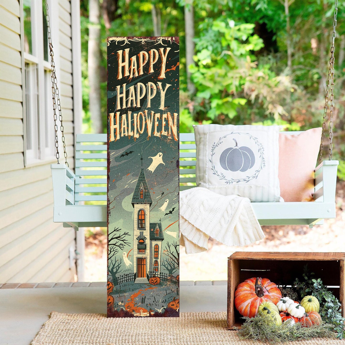 36in Happy Halloween Porch Sign - Front Porch Halloween Wooden Welcome Sign, Vintage Halloween Decoration, Halloween Decoration
