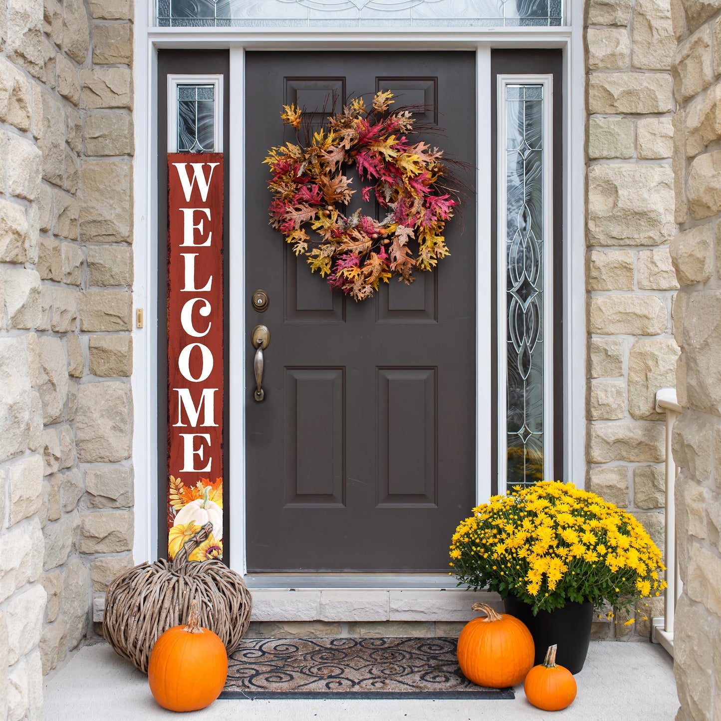 72in Fall Welcome Porch Sign - Front Porch Fall Red Ochre Welcome Sign with Vintage Autumn Decoration, Rustic Thanksgiving Decor for Outdoor