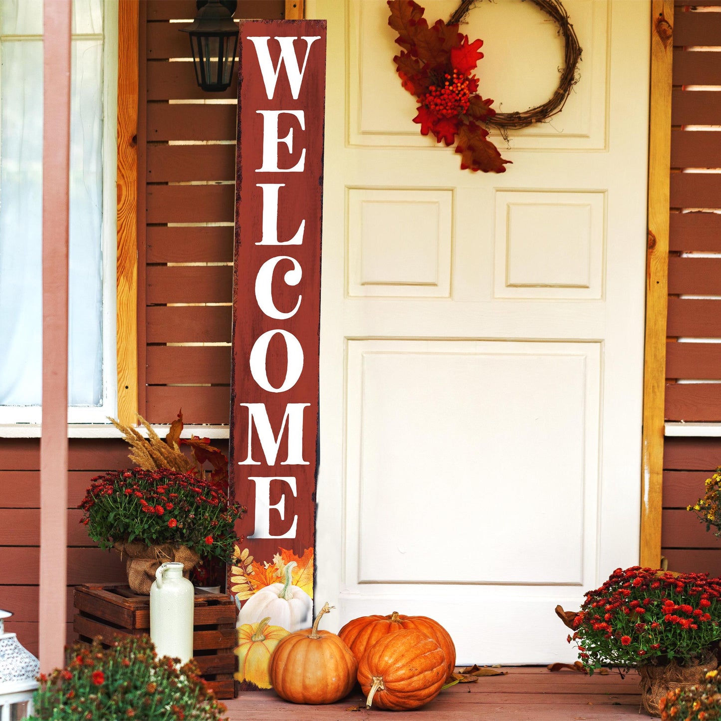 72in Fall Welcome Porch Sign - Front Porch Fall Red Ochre Welcome Sign with Vintage Autumn Decoration, Rustic Thanksgiving Decor for Outdoor