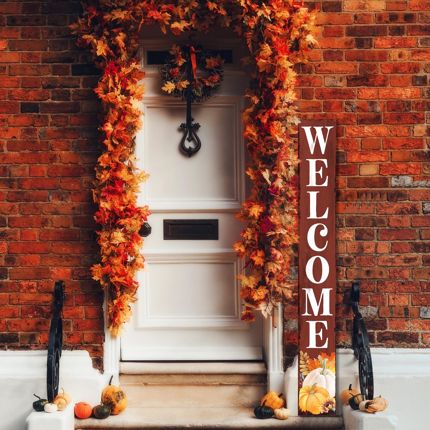 72in Fall Welcome Porch Sign - Front Porch Fall Red Ochre Welcome Sign with Vintage Autumn Decoration, Rustic Thanksgiving Decor for Outdoor