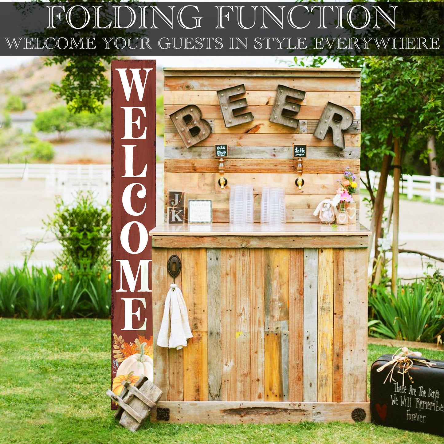 72in Fall Welcome Porch Sign - Front Porch Fall Red Ochre Welcome Sign with Vintage Autumn Decoration, Rustic Thanksgiving Decor for Outdoor