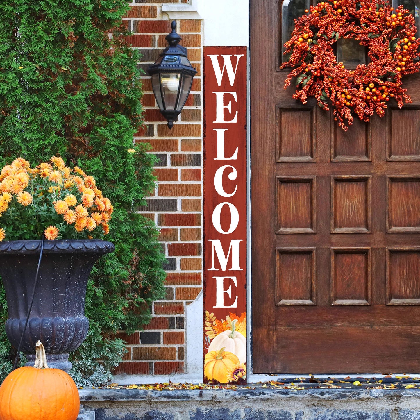 72in Fall Welcome Porch Sign - Front Porch Fall Red Ochre Welcome Sign with Vintage Autumn Decoration, Rustic Thanksgiving Decor for Outdoor