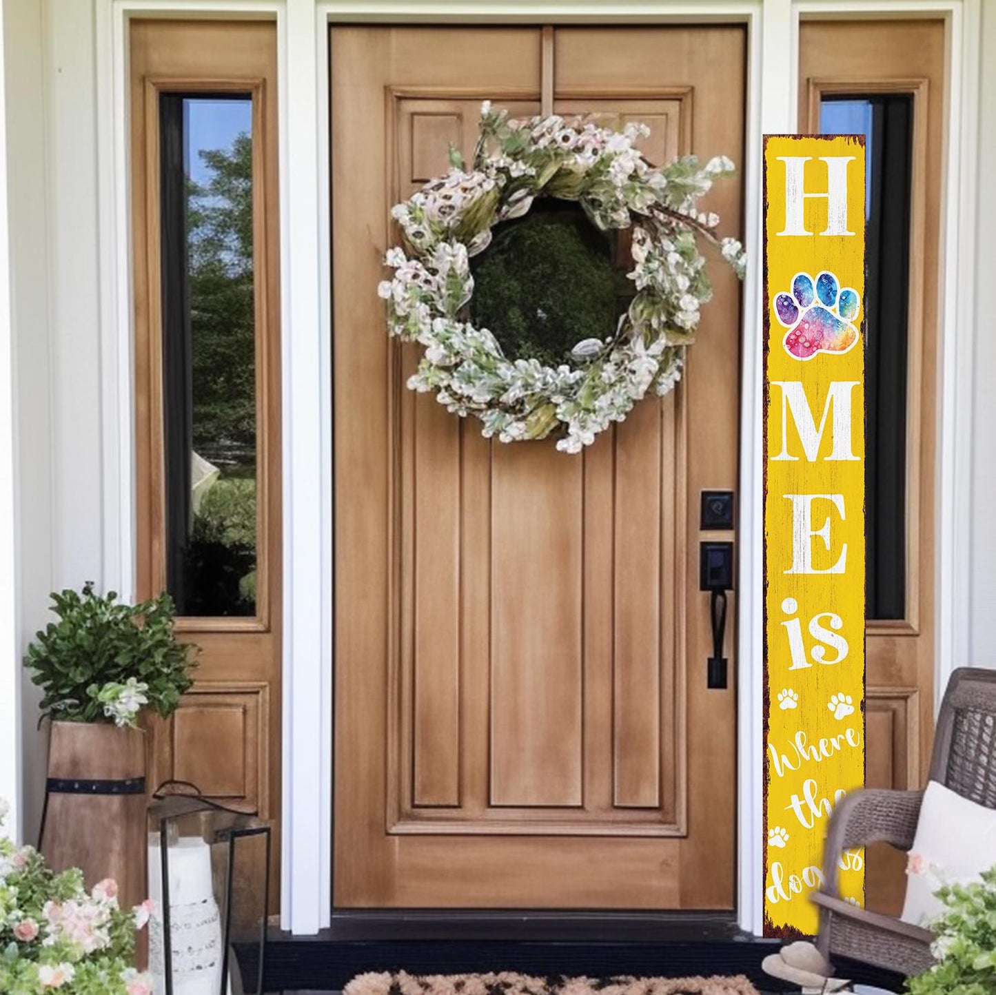 72in Home is Where the Dog Is Porch Sign - Front Porch Sign with Furry Friend Decoration, Yellow Rustic Farmhouse Pet Decor for Outdoor