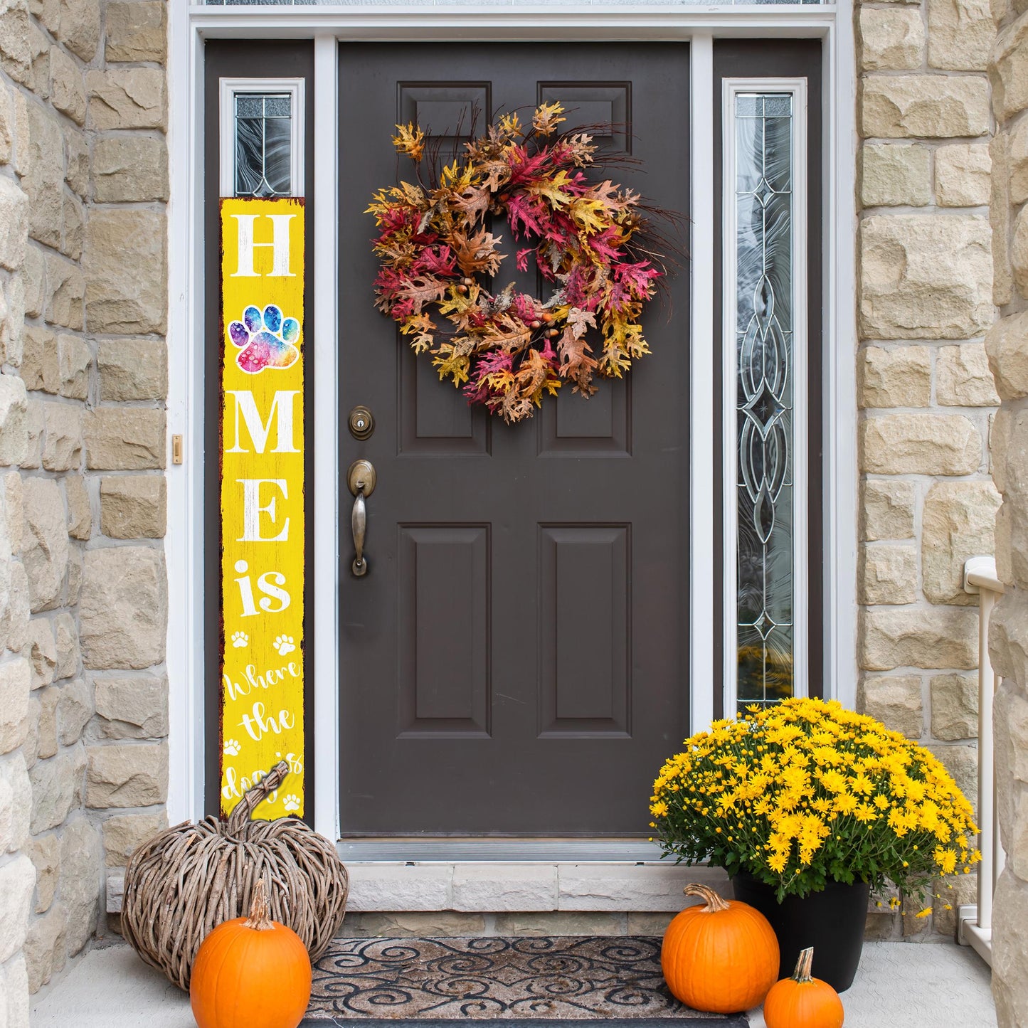 72in Home is Where the Dog Is Porch Sign - Front Porch Sign with Furry Friend Decoration, Yellow Rustic Farmhouse Pet Decor for Outdoor