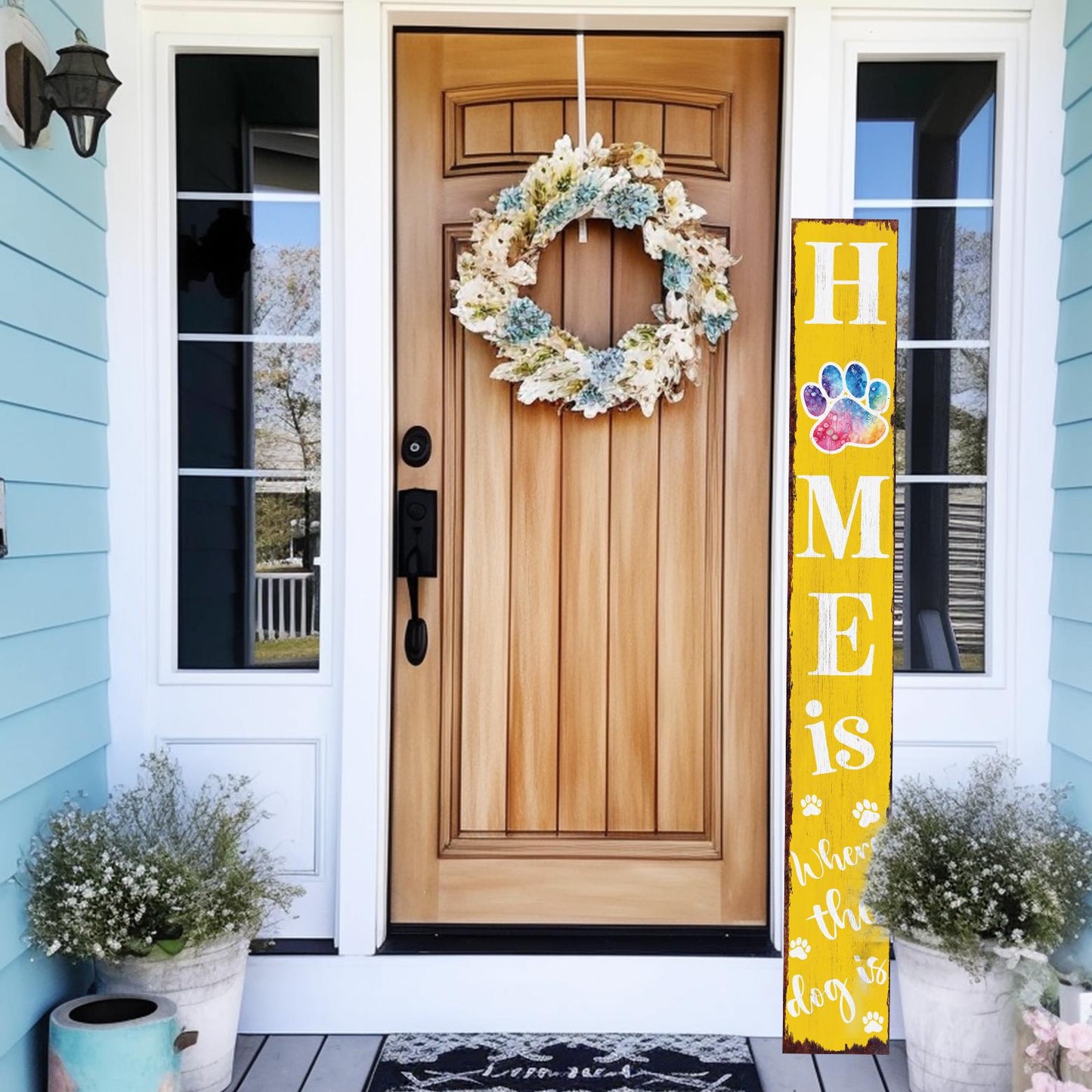 72in Home is Where the Dog Is Porch Sign - Front Porch Sign with Furry Friend Decoration, Yellow Rustic Farmhouse Pet Decor for Outdoor
