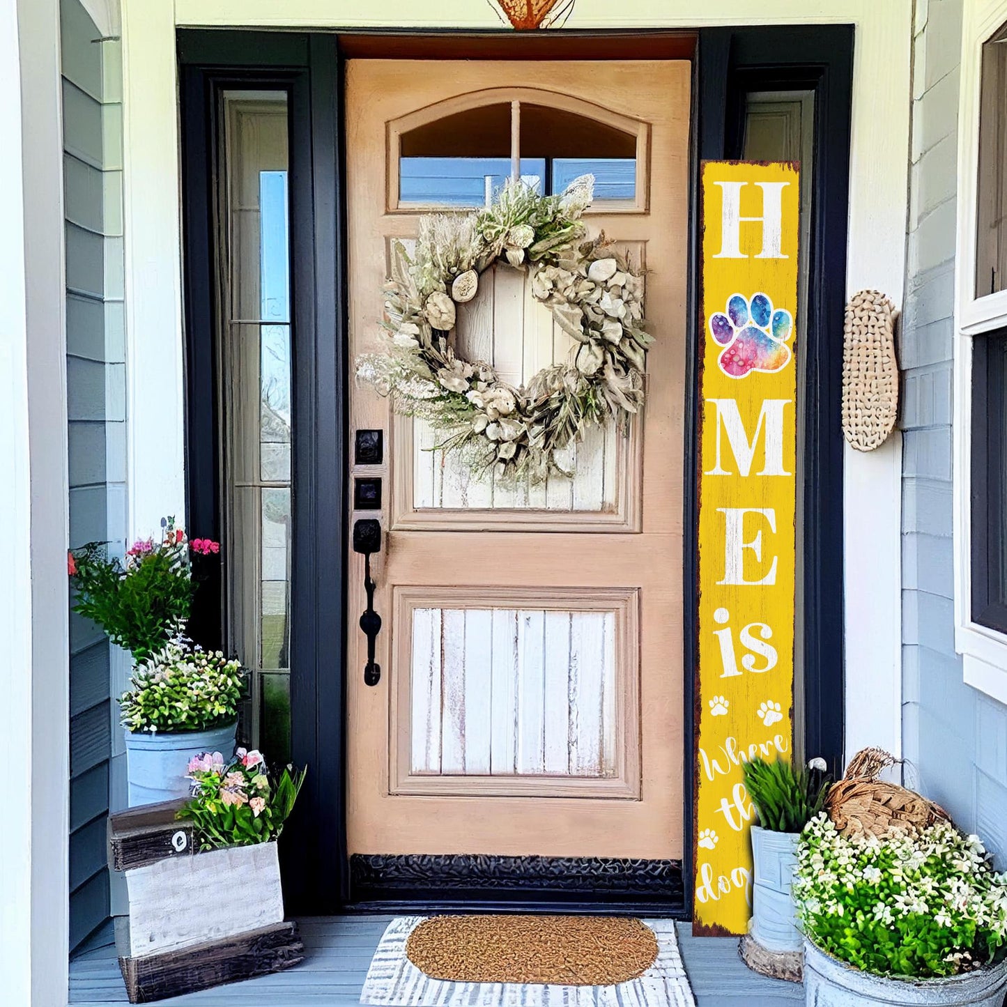 72in Home is Where the Dog Is Porch Sign - Front Porch Sign with Furry Friend Decoration, Yellow Rustic Farmhouse Pet Decor for Outdoor