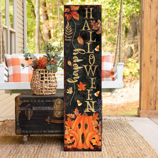 Happy Halloween Porch Sign | Vertical Pumpkin Jack-o’-Lantern Fall Decoration | Autumn Entryway or Front Porch Decor