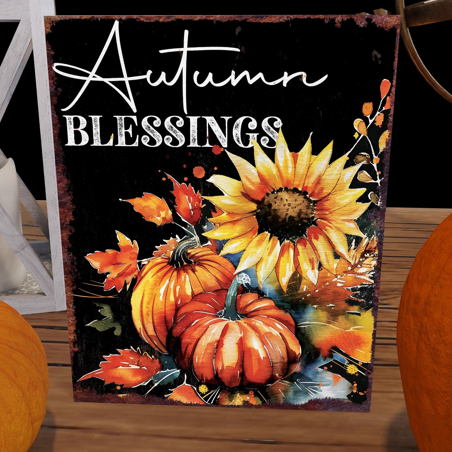 15in Autumn Blessings Sunflower Table Decor | Fall Tabletop Sign | Farmhouse Harvest Holiday Indoor Decor