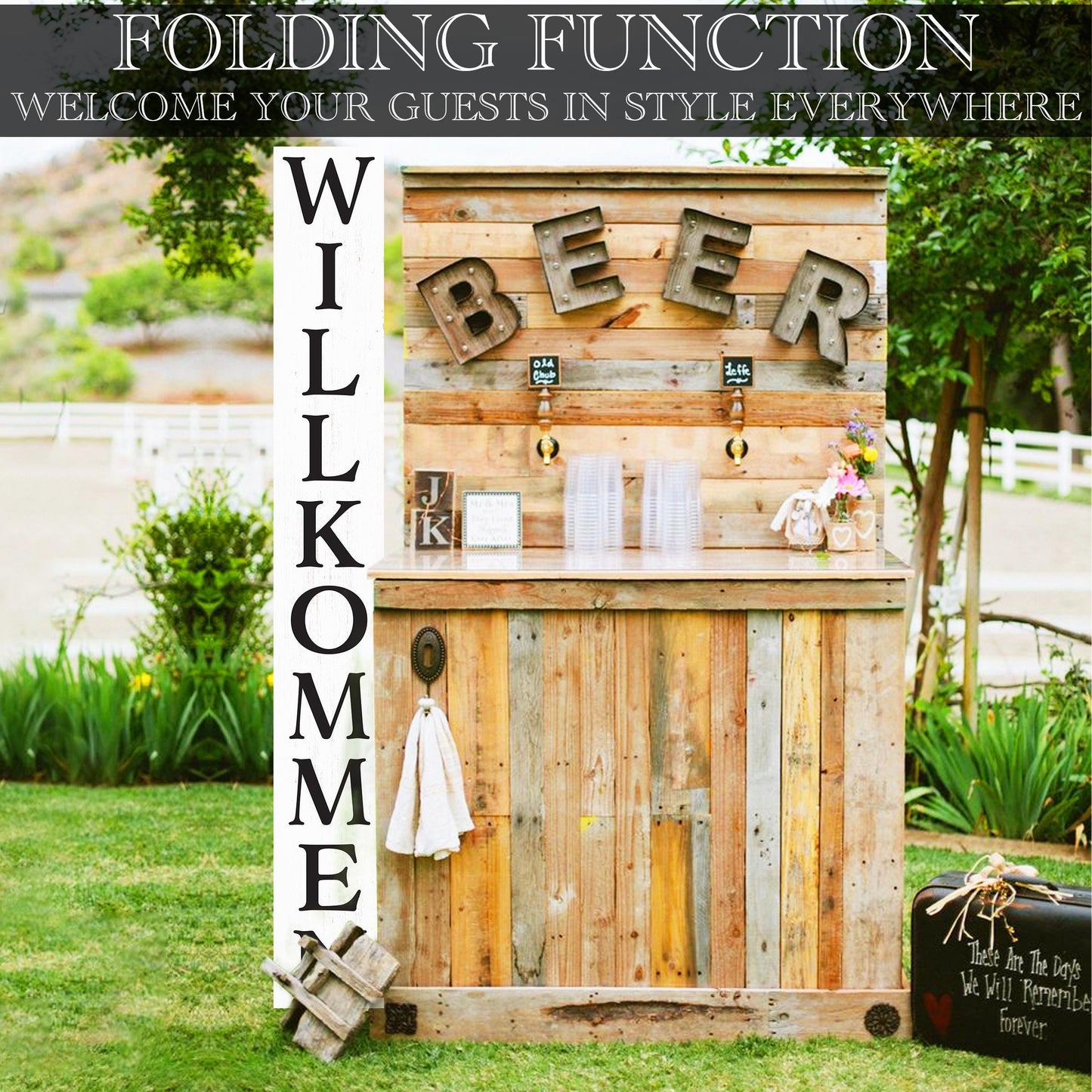 72in Willkommen Porch Sign - Front Porch Sign Decoration, White Rustic Farmhouse Decor for Outdoor Entryway Decor
