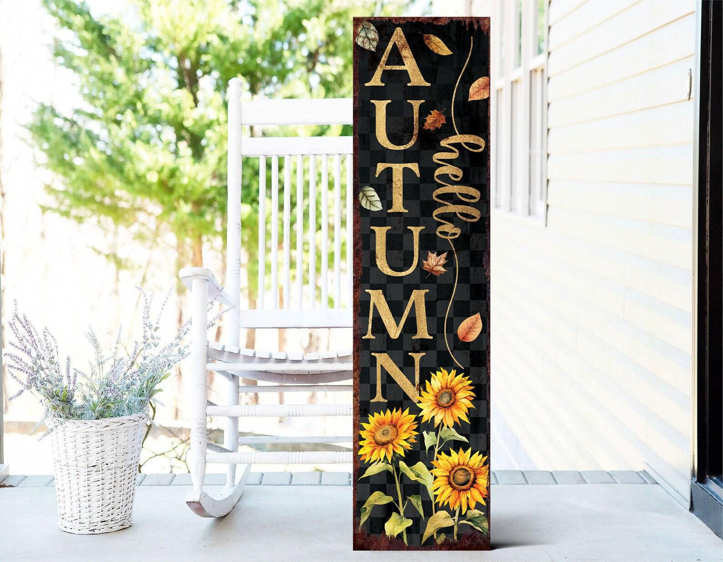 48in Hello Autumn Porch Sign - Front Porch Fall Welcome Sign with Vintage Autumn Decoration | Entryway Fall Decor | Wood, UV Print