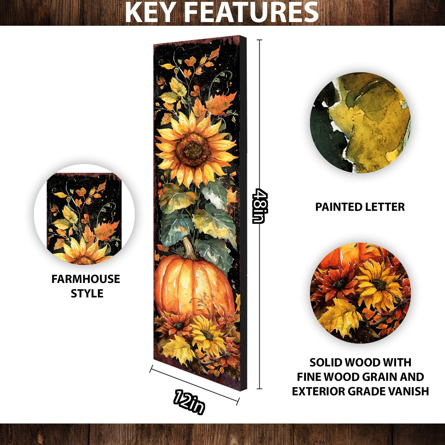 48in Fall Porch Sign - Front Porch Fall Welcome Sign with Vintage Autumn Decoration | Entryway Fall Decor | Wood, UV Print | 48x12in