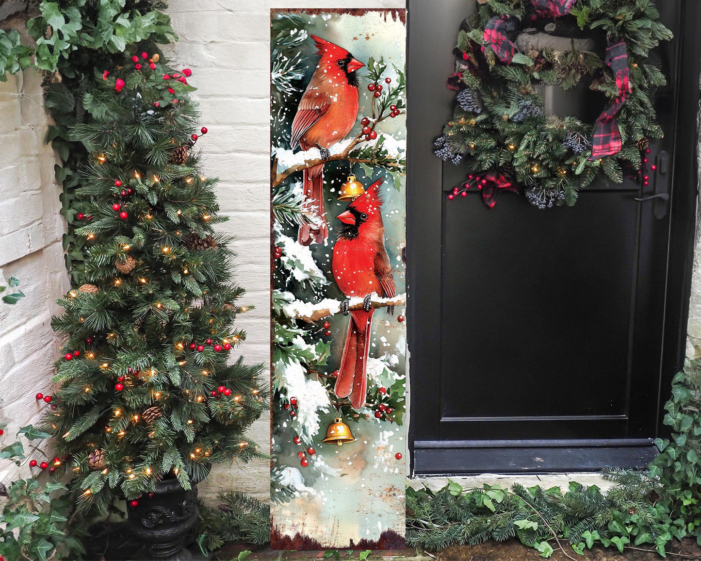 48in Cardinals Christmas Porch Sign - Front Porch Christmas Plaque | Holiday Decoration | Entryway Christmas Decor | UV Print | 48x12in