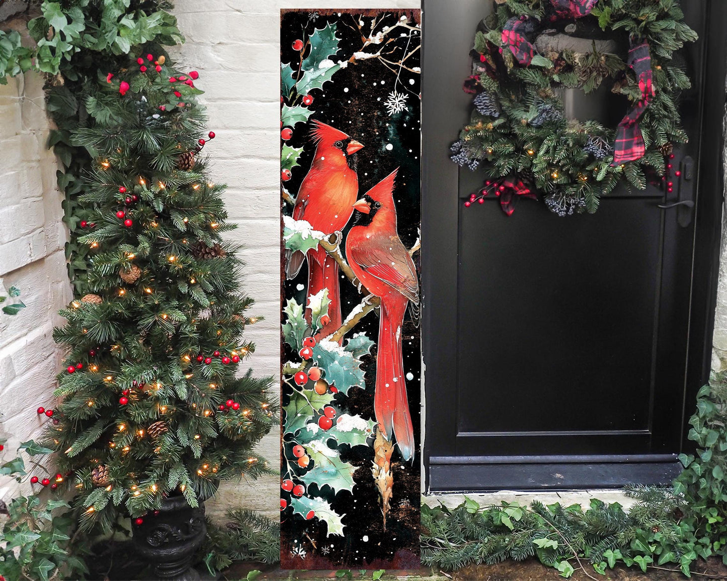 48in Christmas Porch Sign Cardinals - Front Porch Christmas Plaque | Christmas Entryway Decor | Holiday Decoration | UV Print | 48x12in