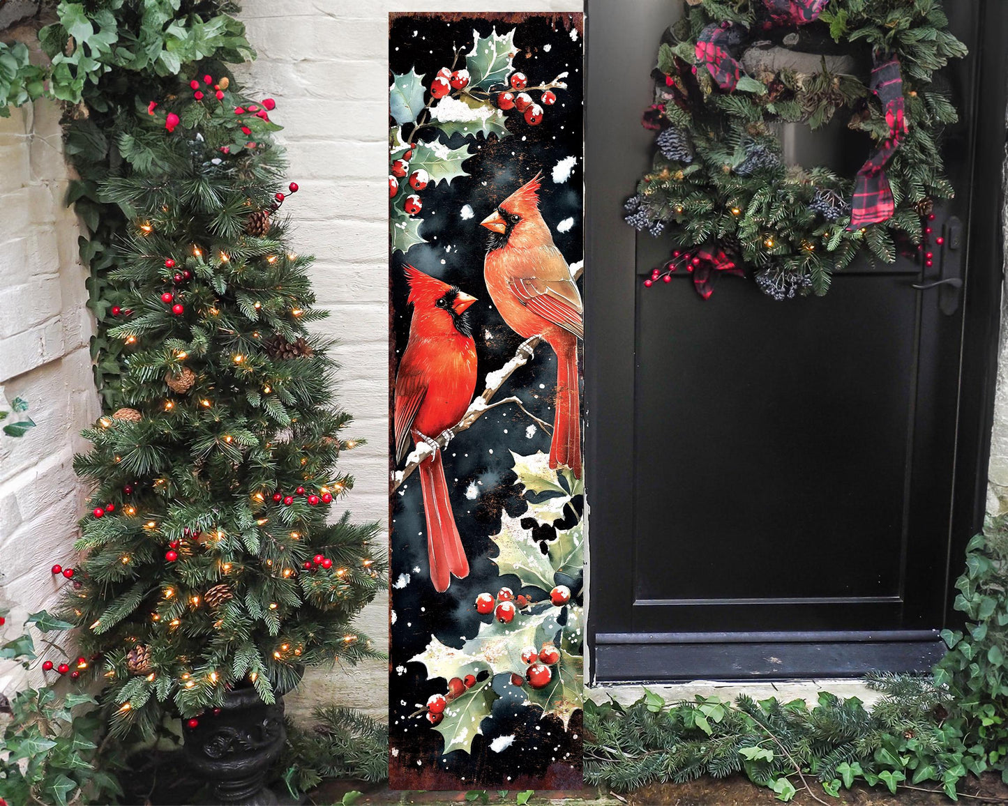Christmas Porch Sign Cardinals | Front Porch Christmas Plaque | Entryway Holiday Decor | UV Print
