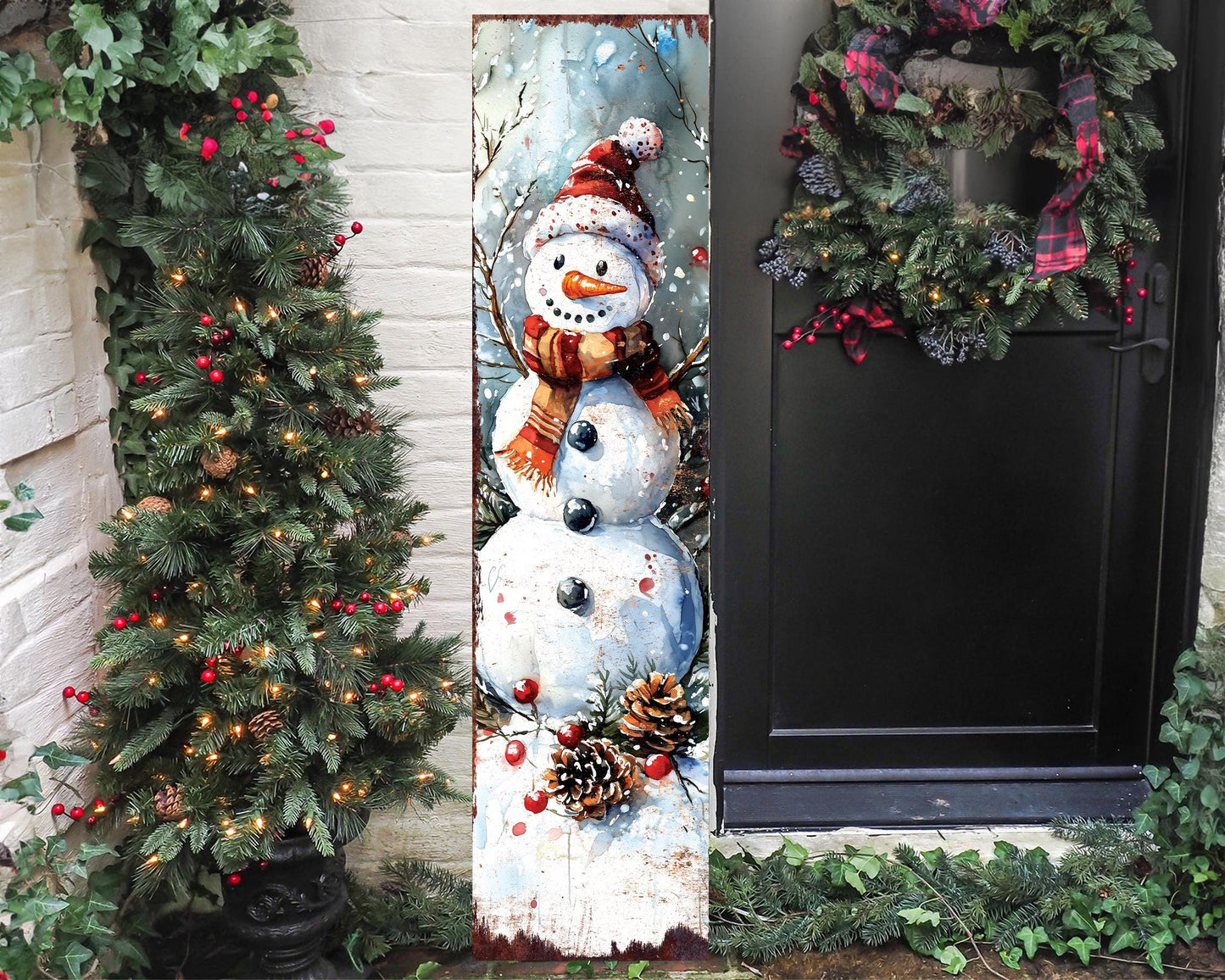 Snowman Christmas Porch Sign | Front Porch Plaque | Winter Entryway Decor | Holiday Decoration | Wood, UV Print