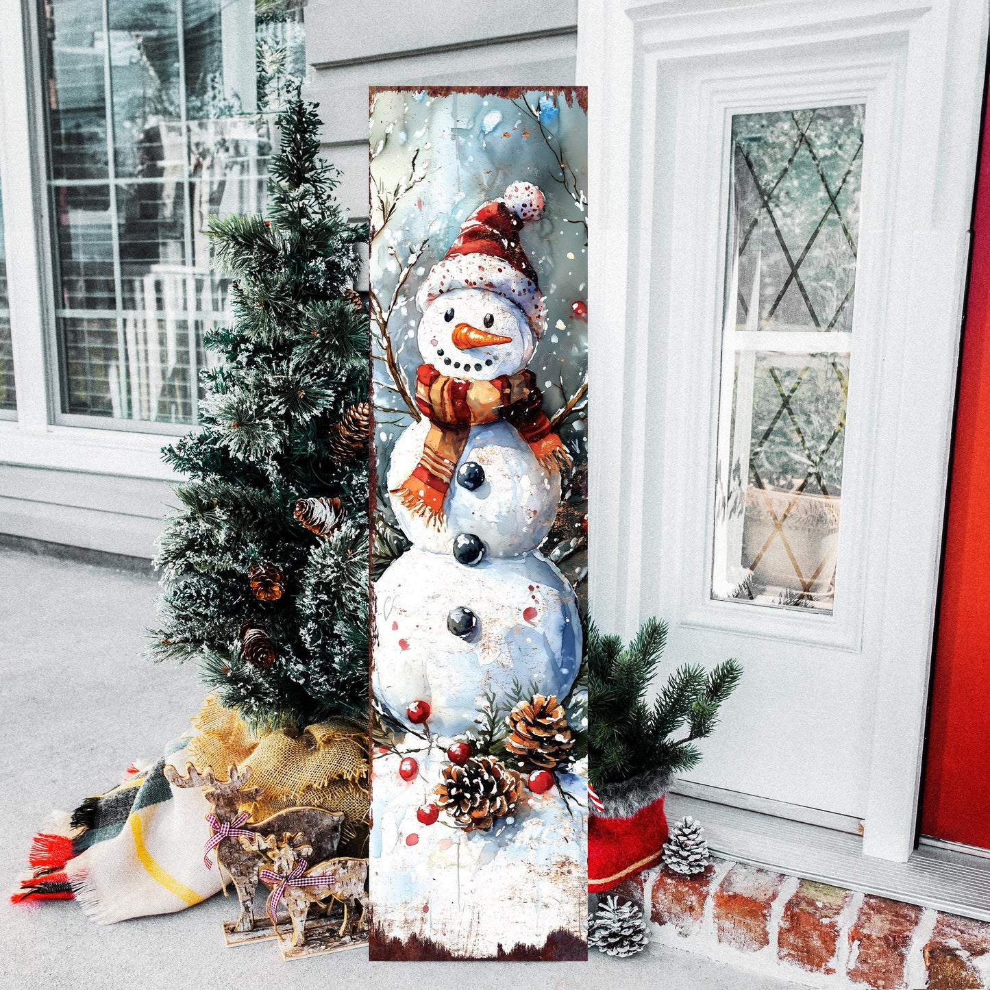 Snowman Christmas Porch Sign | Front Porch Plaque | Winter Entryway Decor | Holiday Decoration | Wood, UV Print
