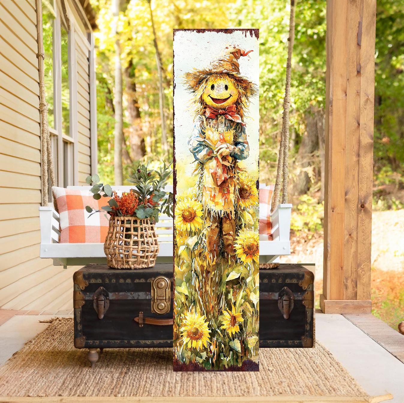 48in Fall Scarecrow Porch Sign - Fall Plaque Front Porch with Autumn Decoration | Harvest Decor UV Print | Entryway Fall Decor | 48x12