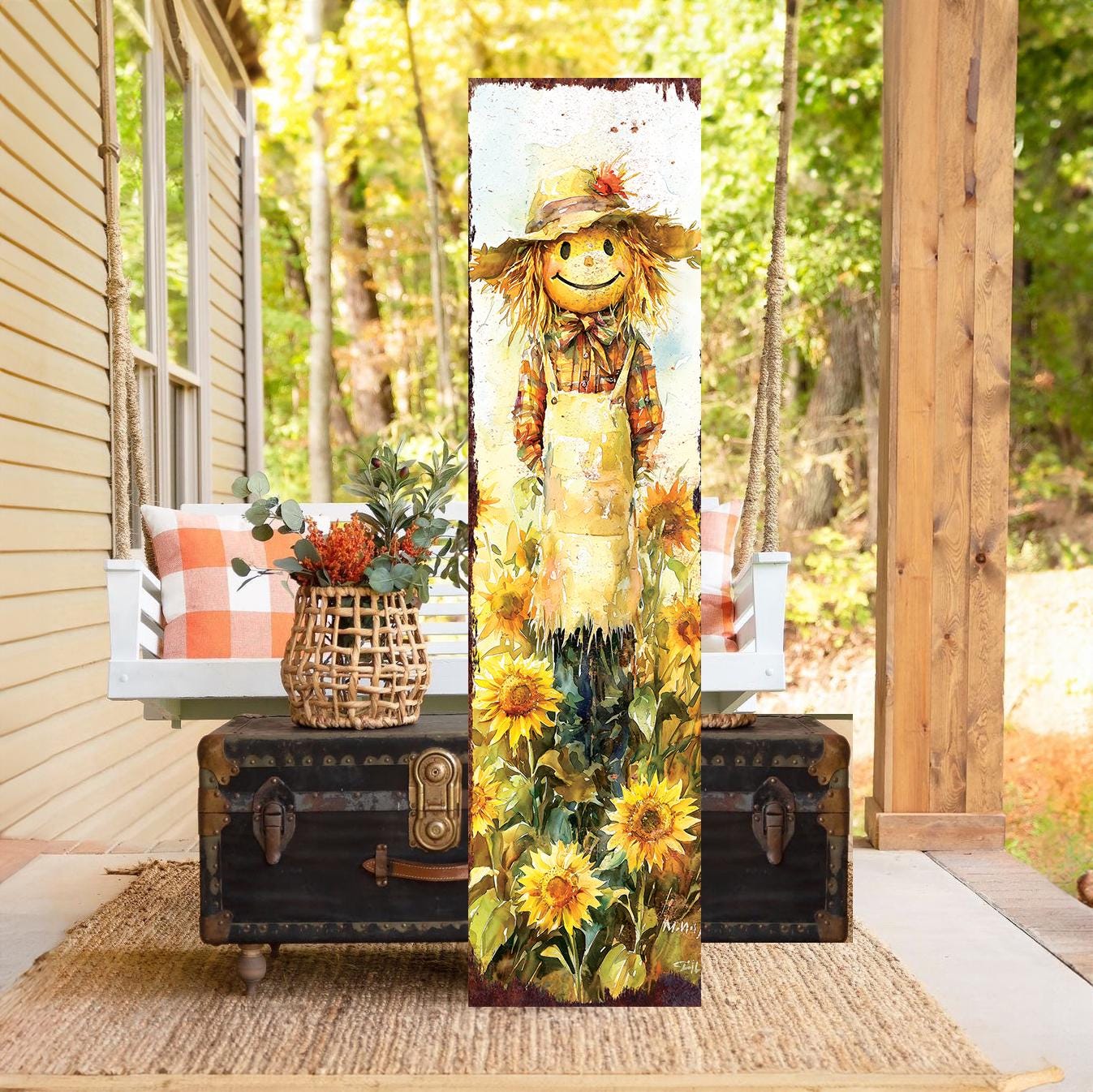48in Fall Scarecrow Porch Sign - Fall Front Door with Autumn Decoration Plaque | Harvest Decor UV Print | Entryway Fall Decor | 48x12