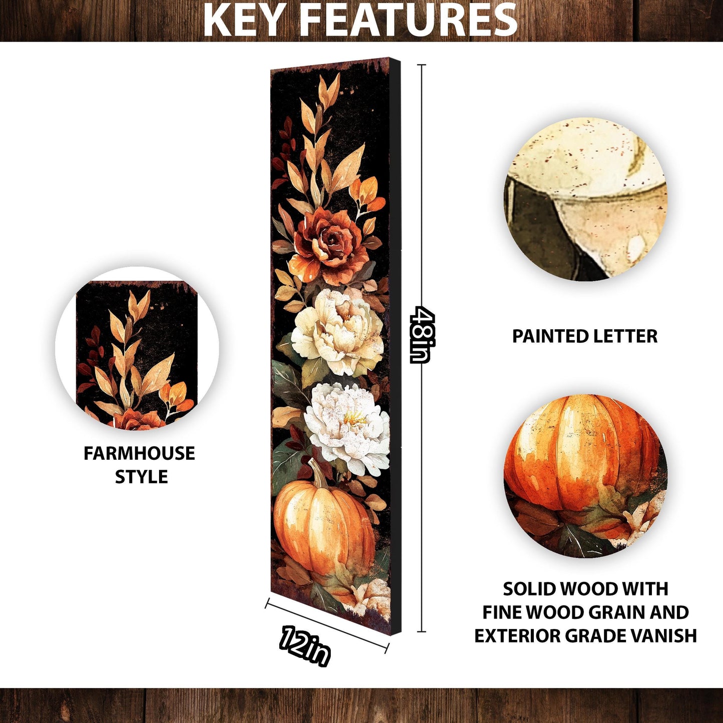 48in Fall Porch Sign - Front Porch Fall Plaque with Vintage Autumn Decoration | Entryway Fall Decor | Wood, UV Print | 48x12in