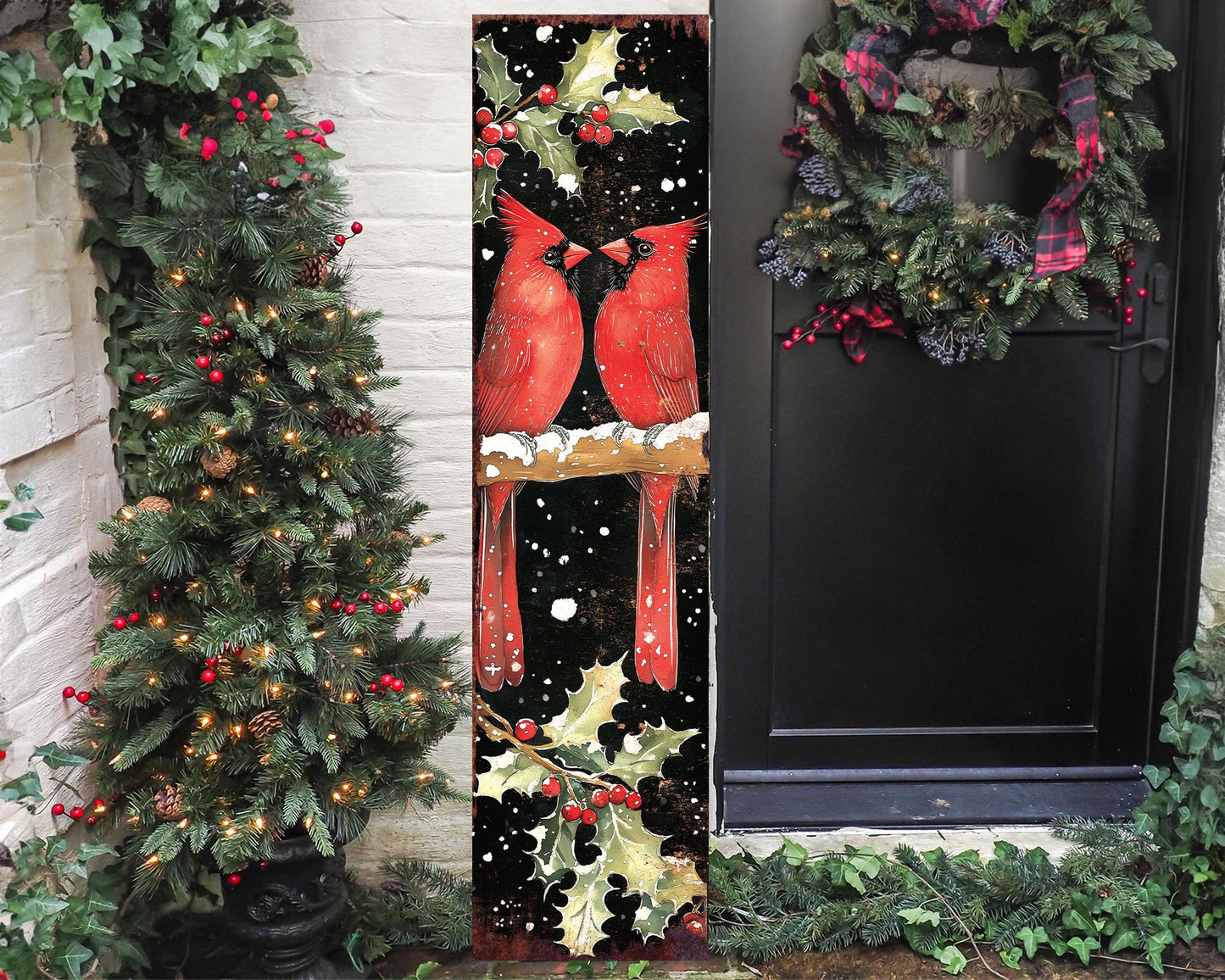 48in Christmas Porch Sign Cardinals - Holiday Entryway Decor | Christmas Decoration | Front Porch Christmas Plaque | UV Print | 48x12in