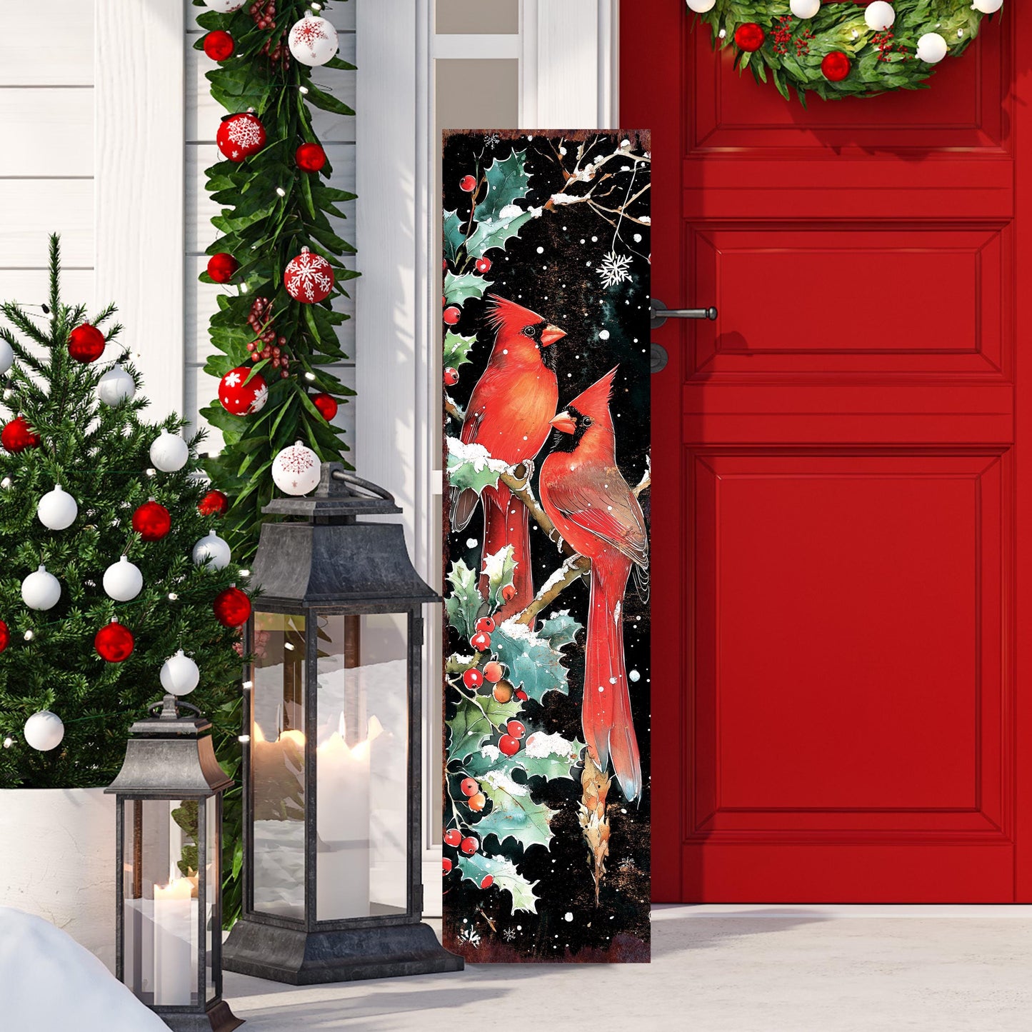 48in Christmas Porch Sign Cardinals - Front Porch Christmas Plaque | Christmas Entryway Decor | Holiday Decoration | UV Print | 48x12in