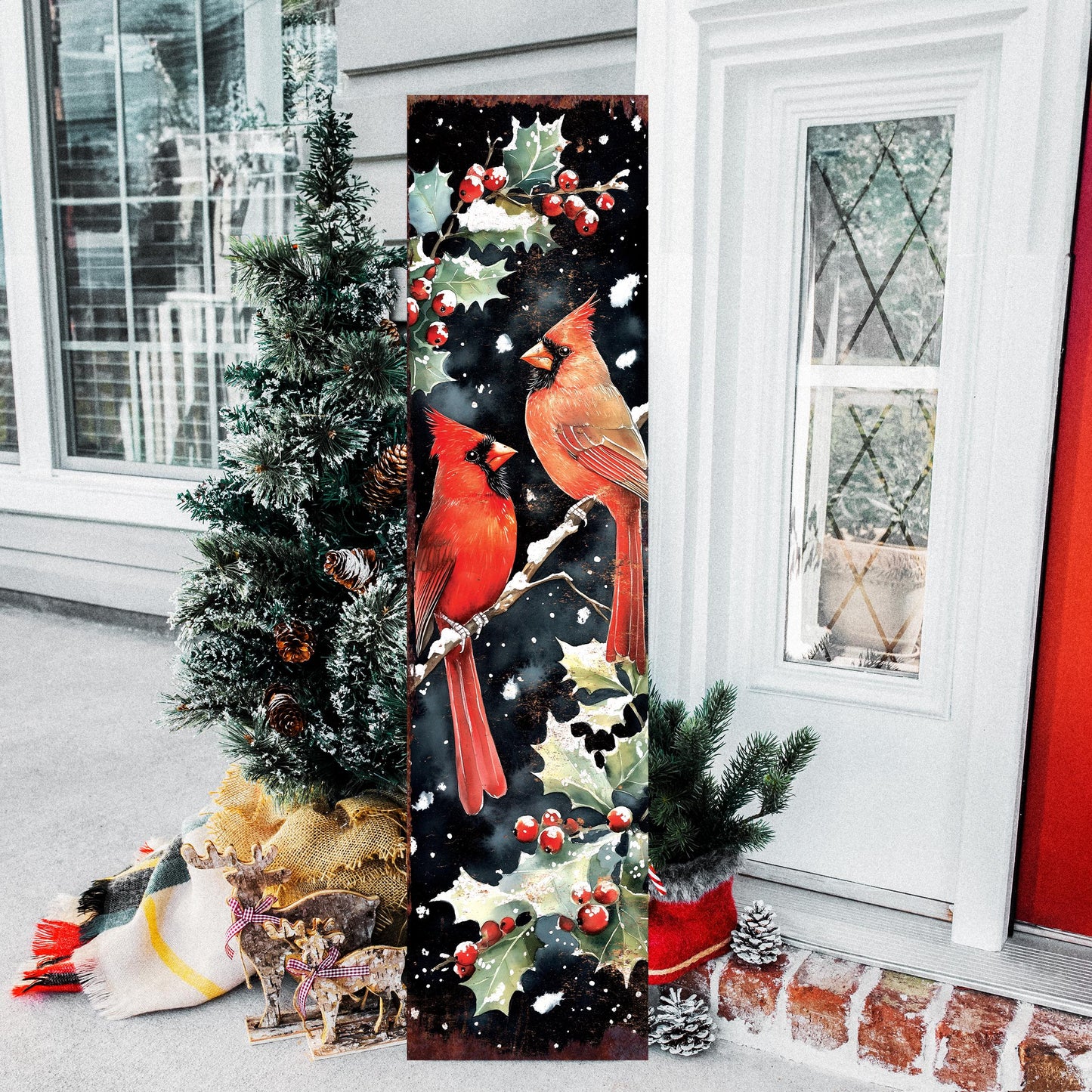 Christmas Porch Sign Cardinals | Front Porch Christmas Plaque | Entryway Holiday Decor | UV Print