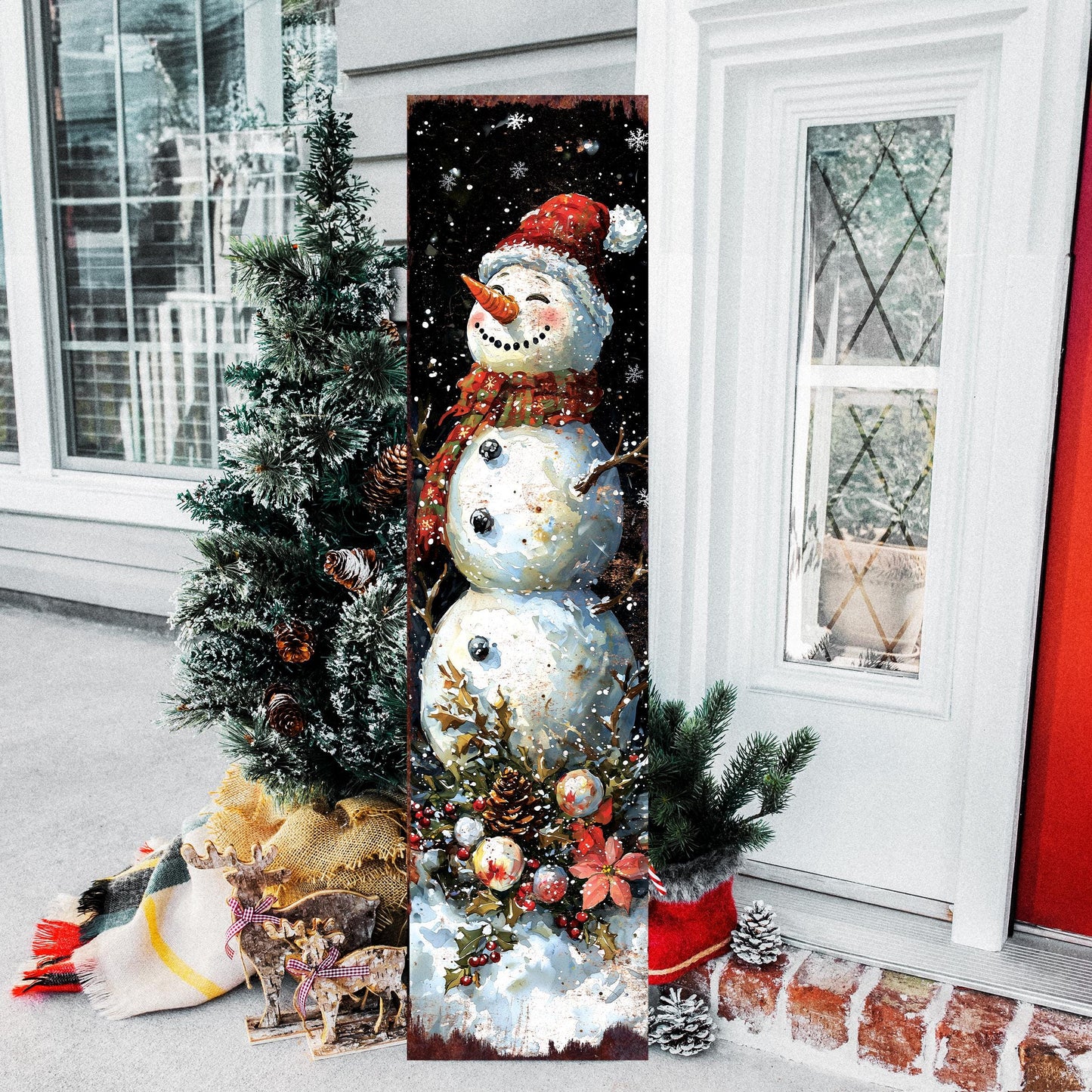 48in Snowman Christmas Porch Sign - Front Porch Christmas Plaque | Holiday Decoration | Winter Entryway Decor | Wood, UV Print | 48x12in