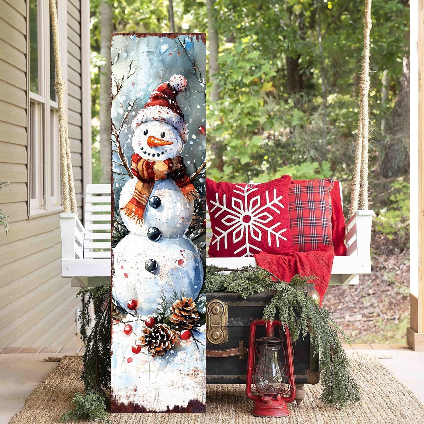 Snowman Christmas Porch Sign | Front Porch Plaque | Winter Entryway Decor | Holiday Decoration | Wood, UV Print