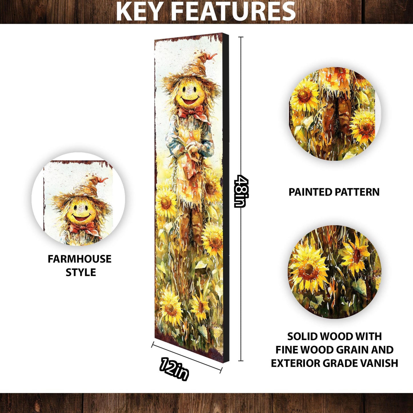 48in Fall Scarecrow Porch Sign - Fall Plaque Front Porch with Autumn Decoration | Harvest Decor UV Print | Entryway Fall Decor | 48x12