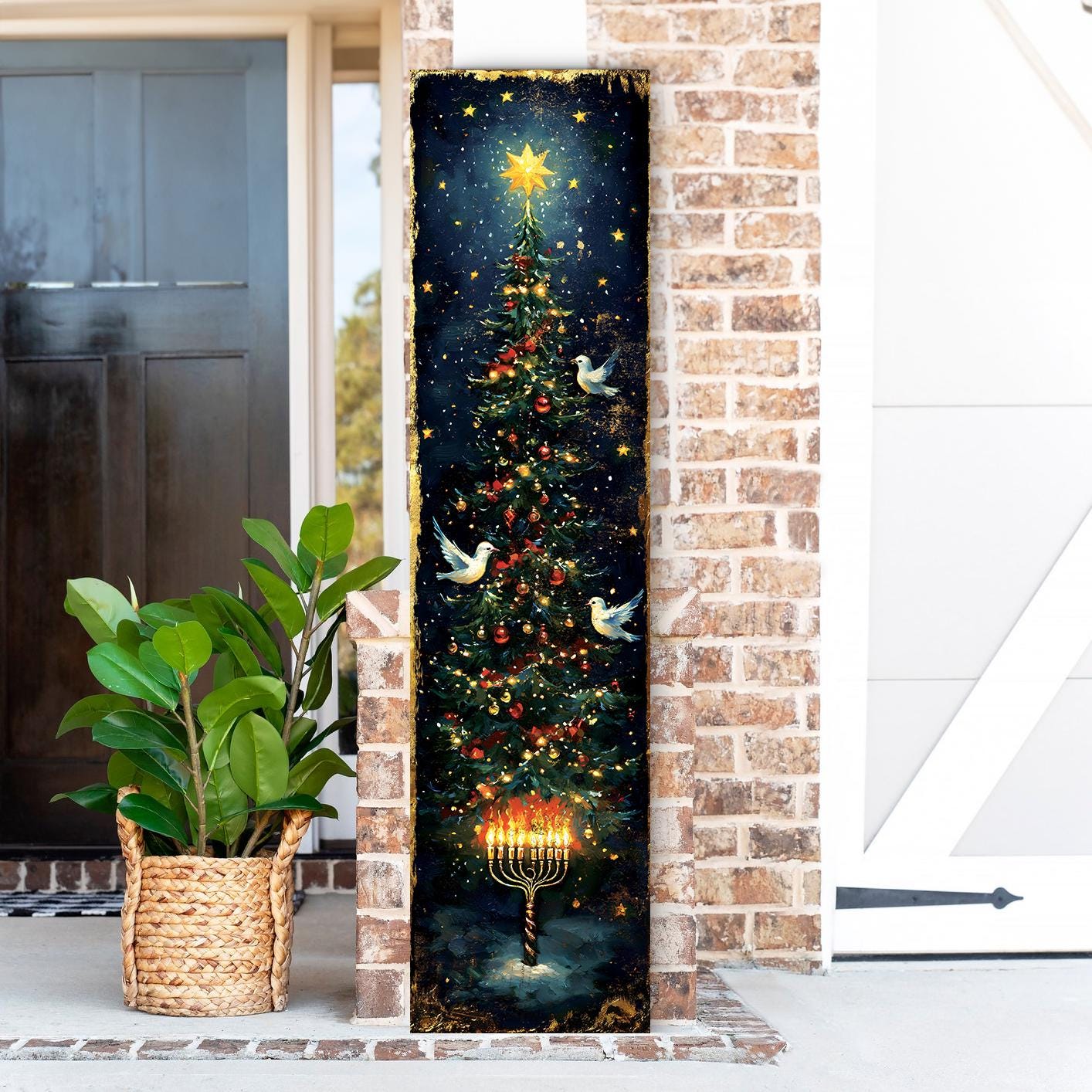 Hanukkah and Christmas Porch Sign | Menorah & Tree Design | Entryway Decor | UV Print | 3 Sizes