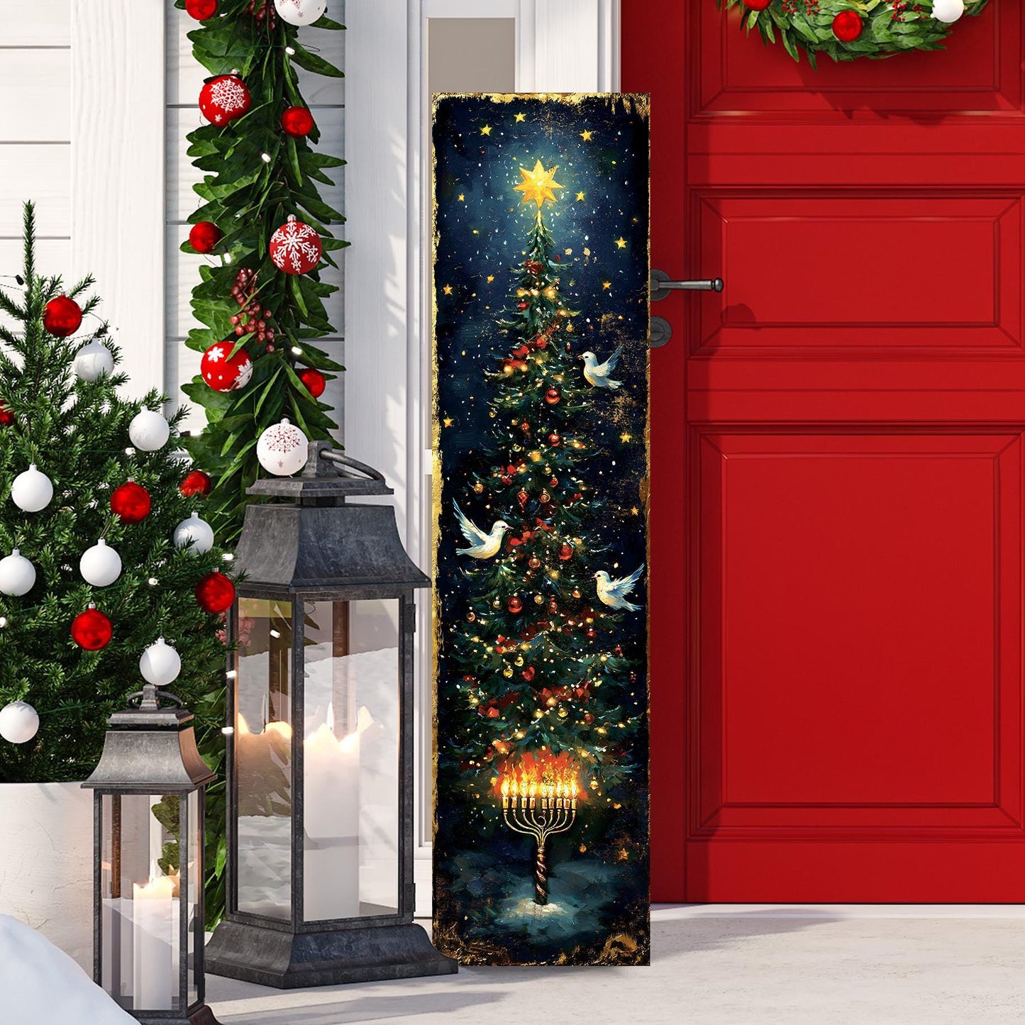 Hanukkah and Christmas Porch Sign | Menorah & Tree Design | Entryway Decor | UV Print | 3 Sizes