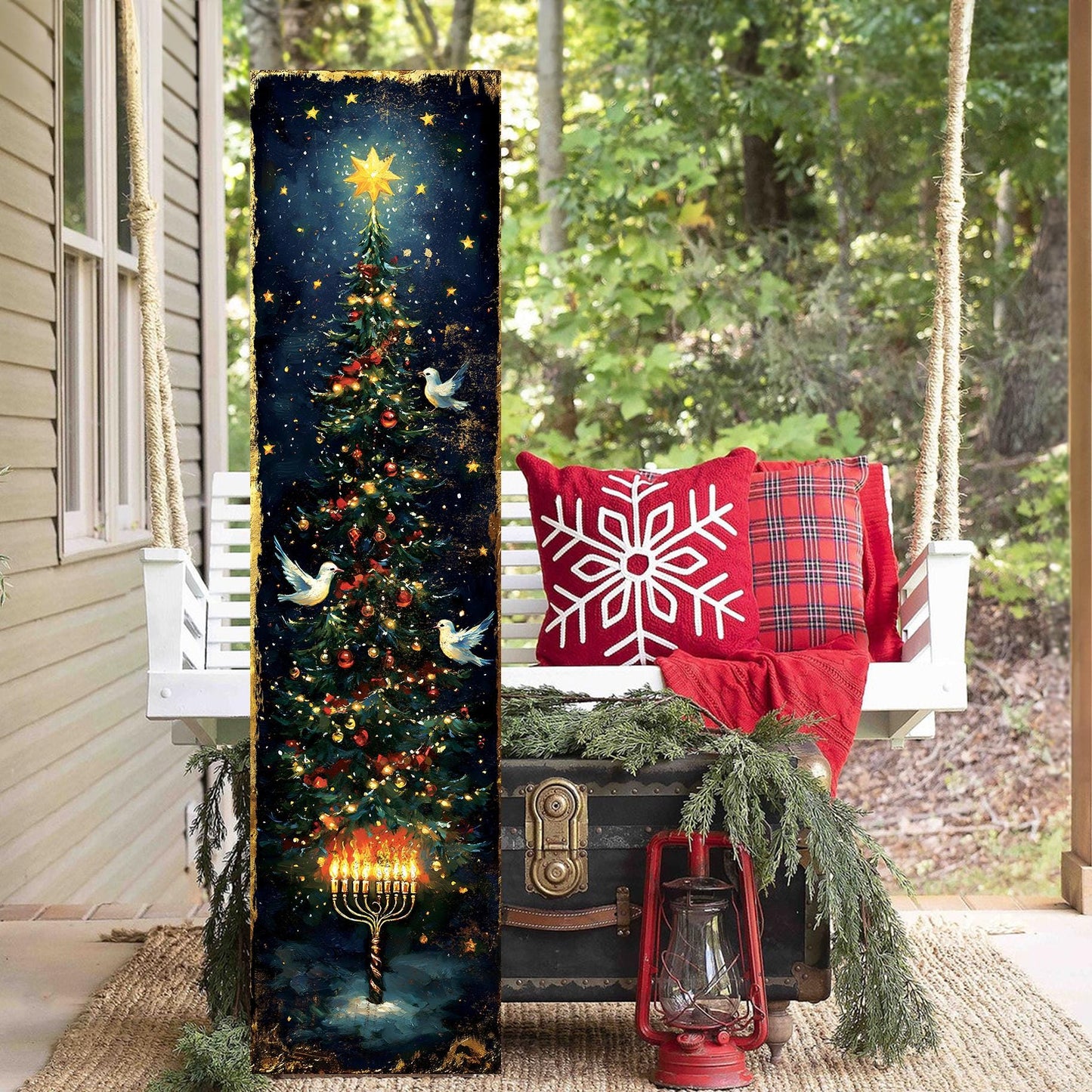 Hanukkah and Christmas Porch Sign | Menorah & Tree Design | Entryway Decor | UV Print | 3 Sizes
