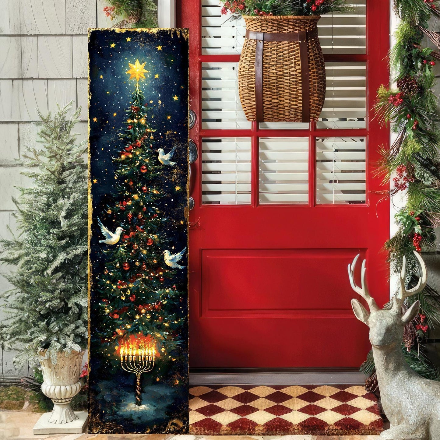 Hanukkah and Christmas Porch Sign | Menorah & Tree Design | Entryway Decor | UV Print | 3 Sizes