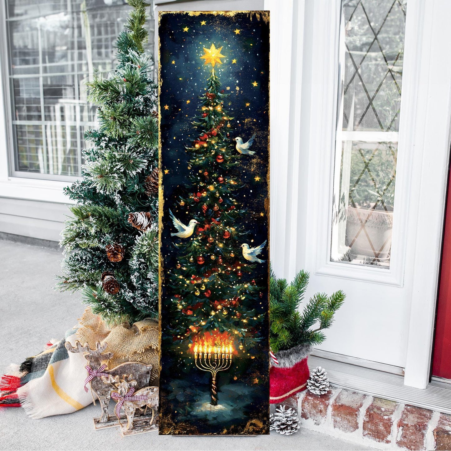 Hanukkah and Christmas Porch Sign | Menorah & Tree Design | Entryway Decor | UV Print | 3 Sizes