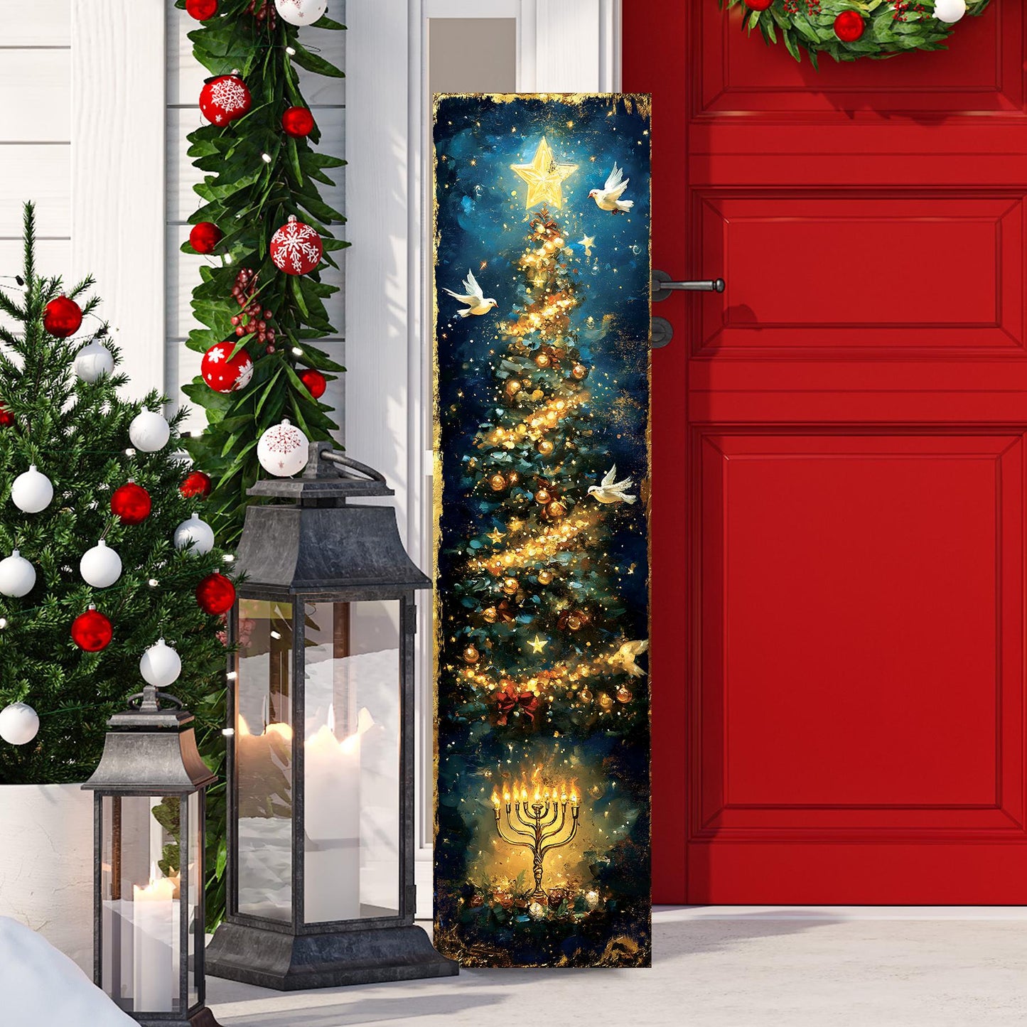Hanukkah and Christmas Porch Sign | Menorah & Tree Design | Entryway Decor | UV Print | 3 Sizes