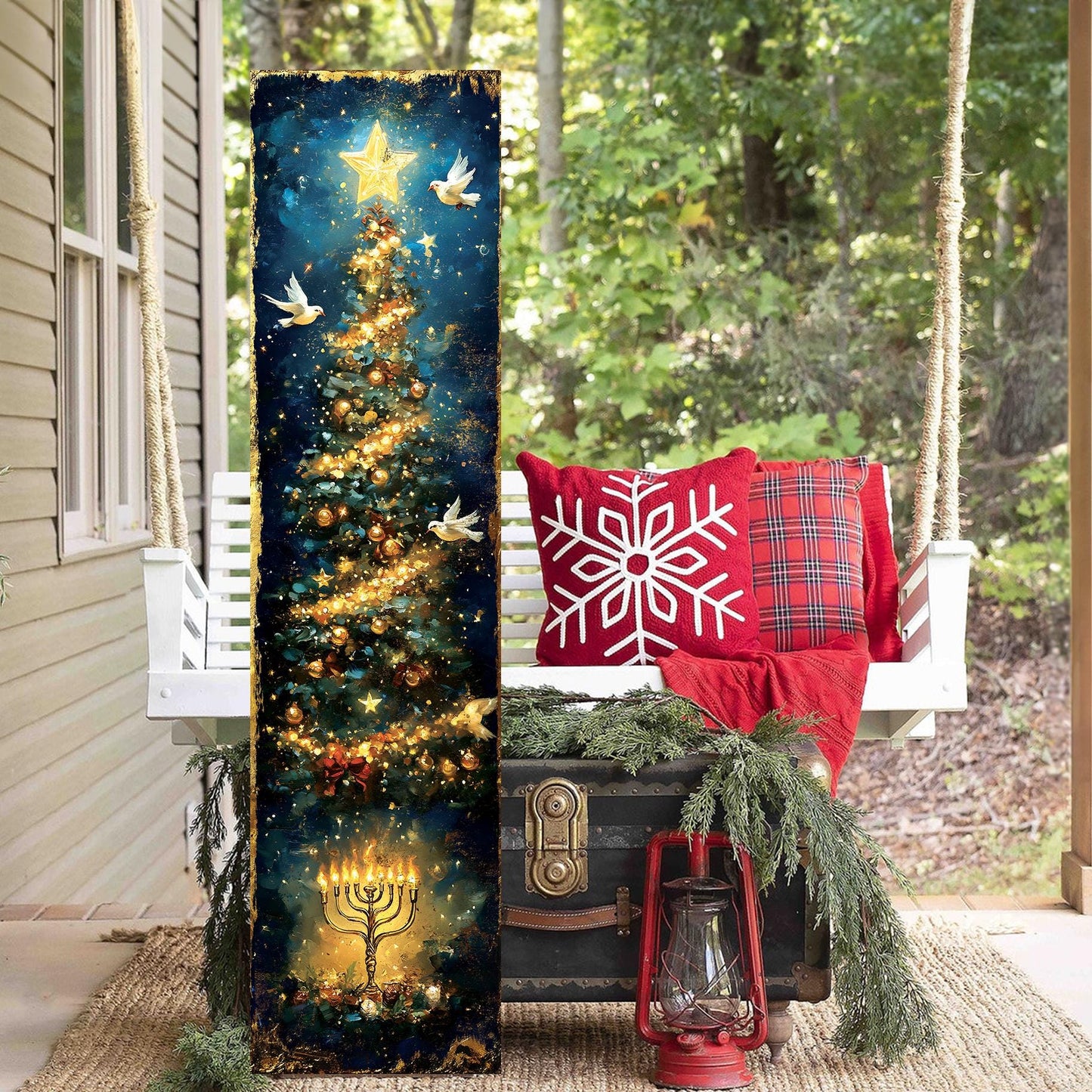 Hanukkah and Christmas Porch Sign | Menorah & Tree Design | Entryway Decor | UV Print | 3 Sizes